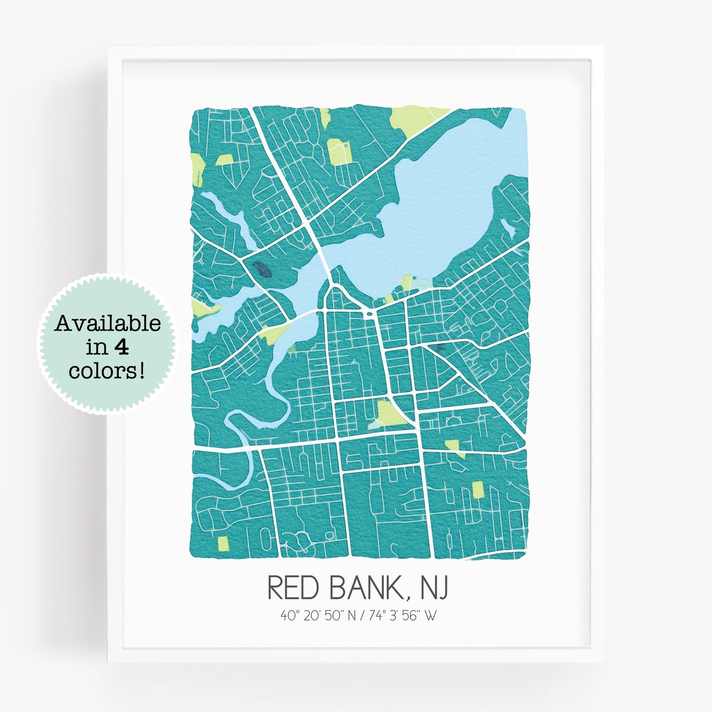 A city map print of Red Bank NJ, in the color teal