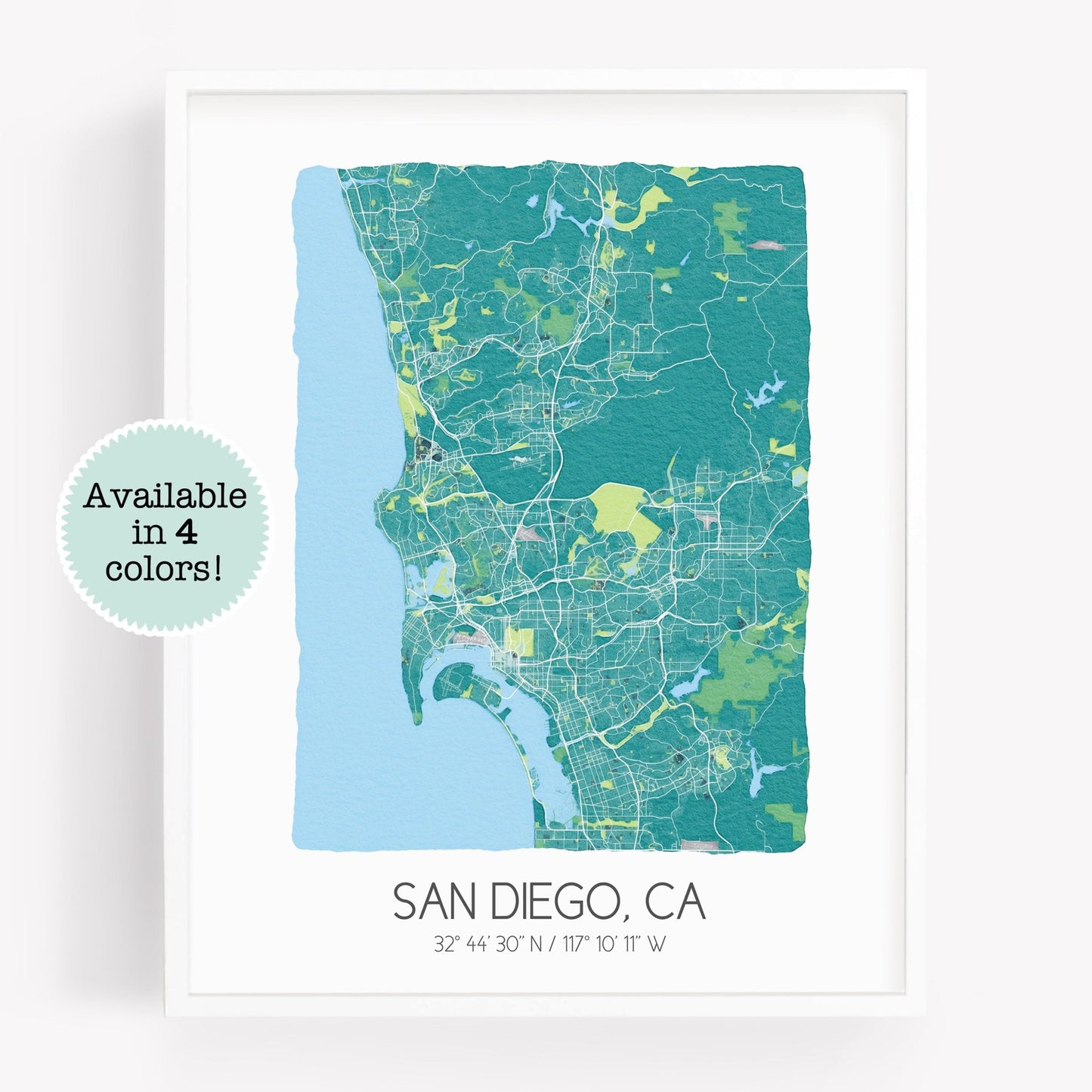 A city map print of San Diego CA, in the color teal