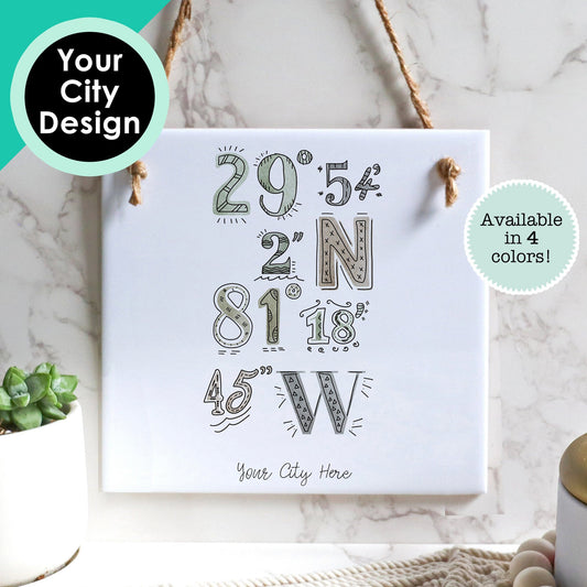 Custom illustrated art of a watercolor coordinates drawing for your hometown, on a ceramic square tile sign