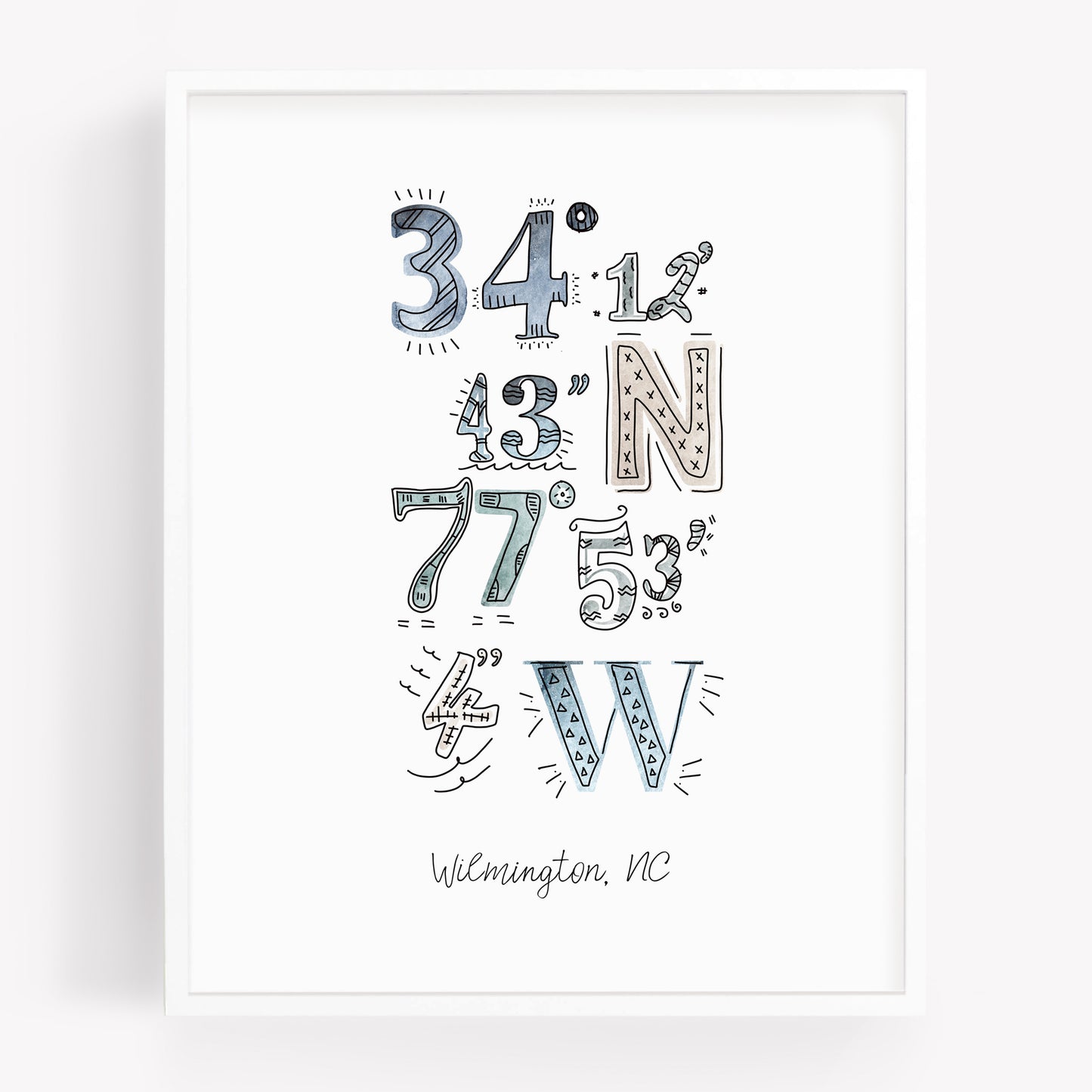 A city art print of a drawing of the coordinates of Wilmington North Carolina, in the color coastal