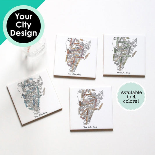 Custom city street map coasters made for any hometown, sitting on a table in 4 colors - coastal, boho, sunset, and earthy