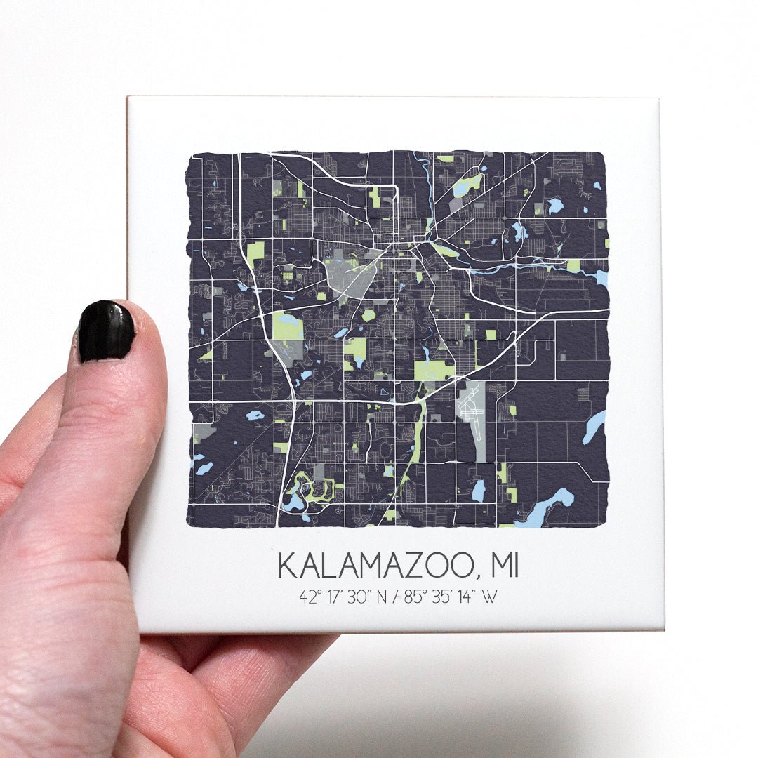 Examples of all four colors available for city maps: teal, gray, blue, and beige