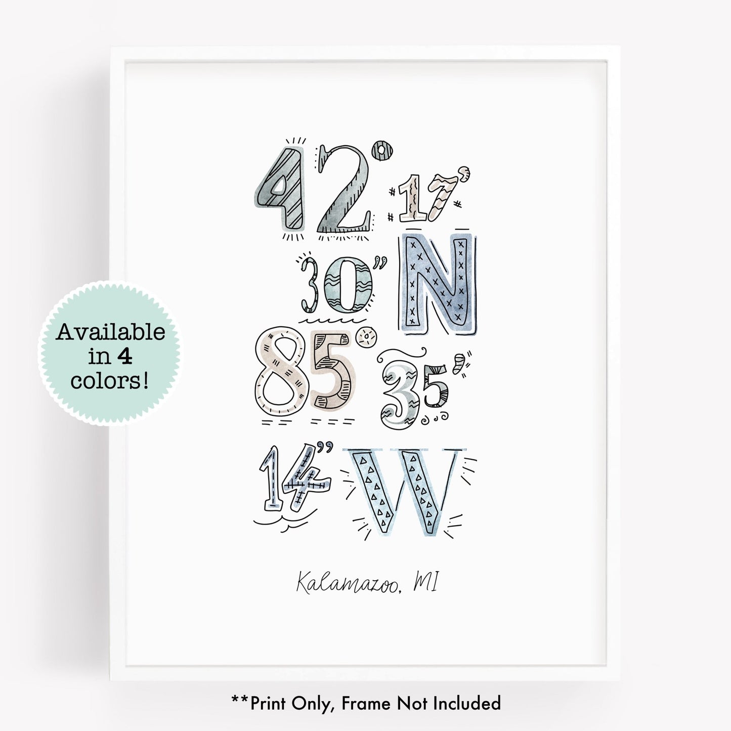 A city art print of a drawing of the coordinates of Kalamazoo, Michigan - Sparks House Co