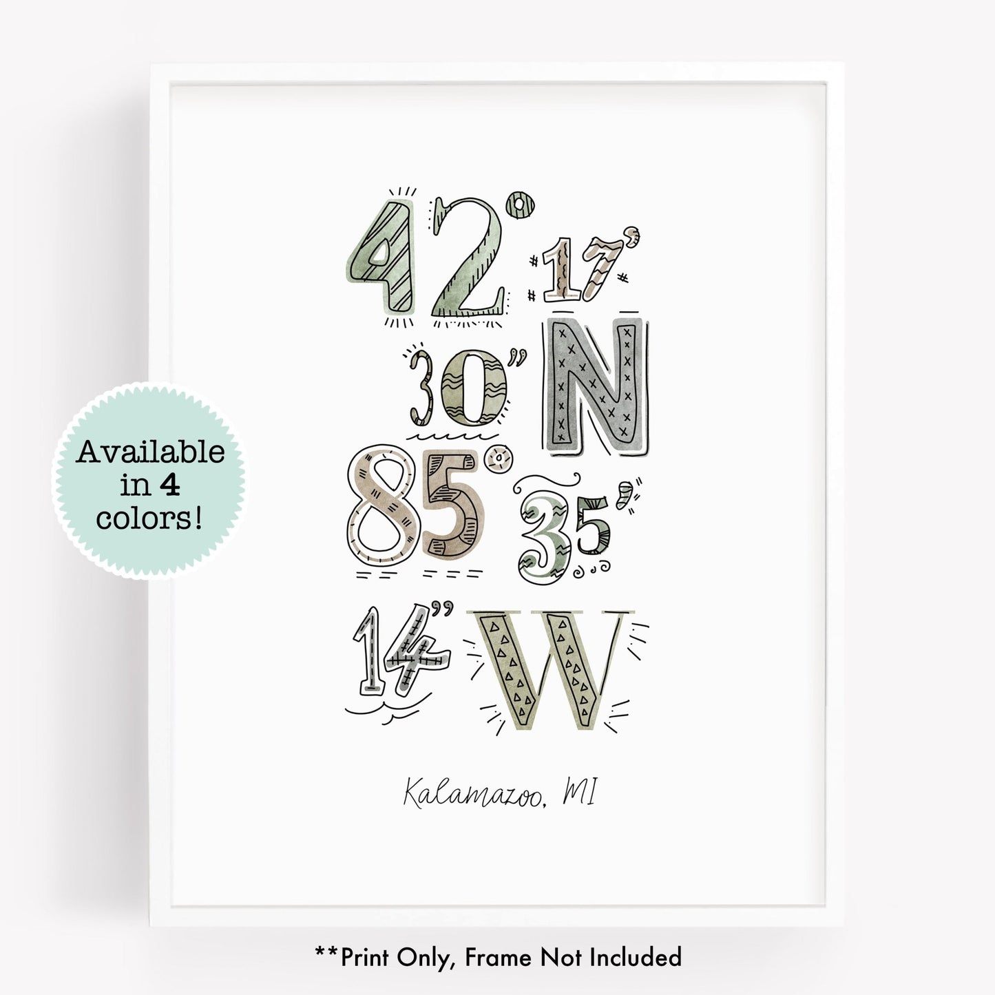 A city art print of a drawing of the coordinates of Kalamazoo, Michigan - Sparks House Co
