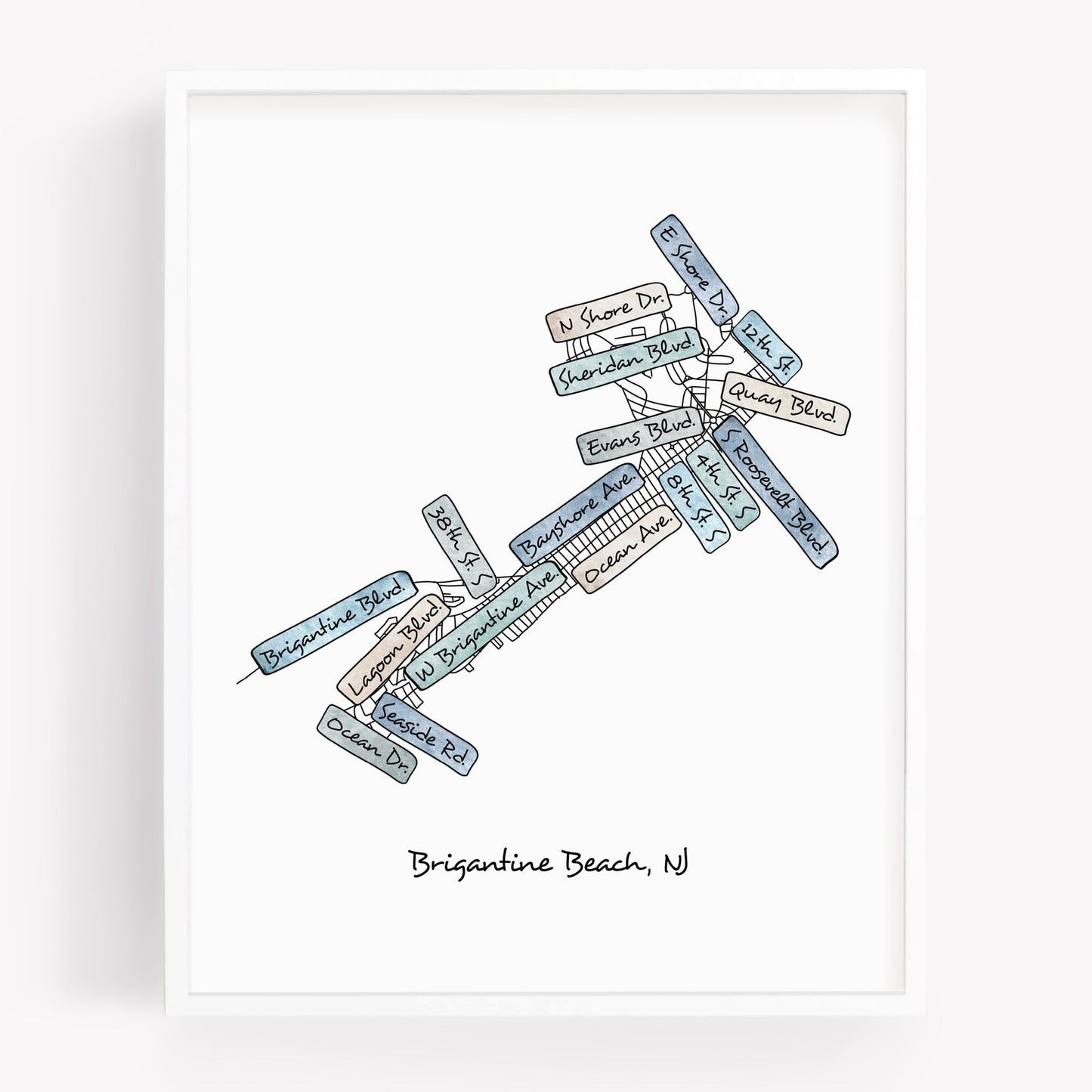 A hand-drawn street map art print of Brigantine Beach New Jersey - Sparks House Co