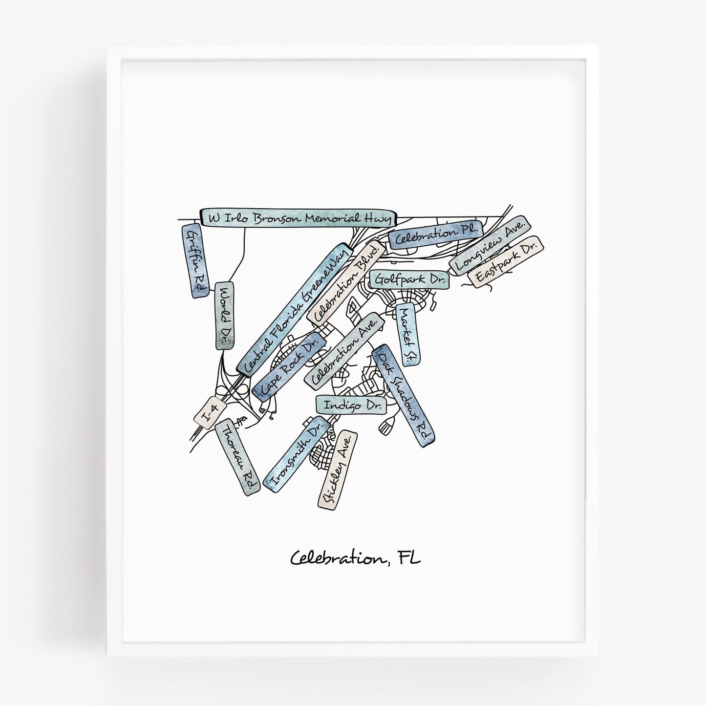 A hand-drawn street map art print of Celebration Florida - Sparks House Co