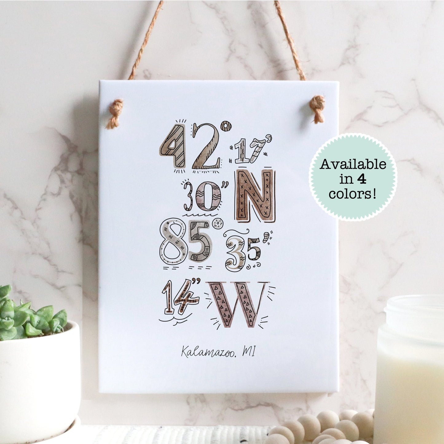 A city drawing of the coordinates of Kalamazoo MI on a rectangle tile sign, hanging on a wall - Sparks House Co