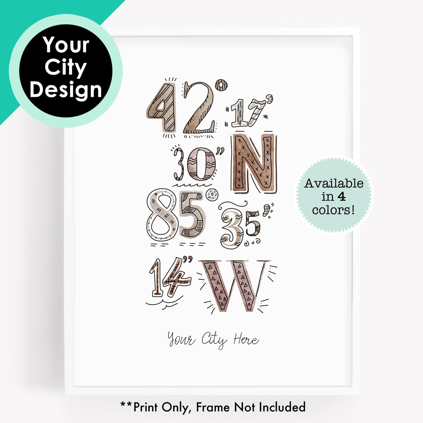Custom City Art Print - Watercolor Coordinates Drawing For Your Hometown