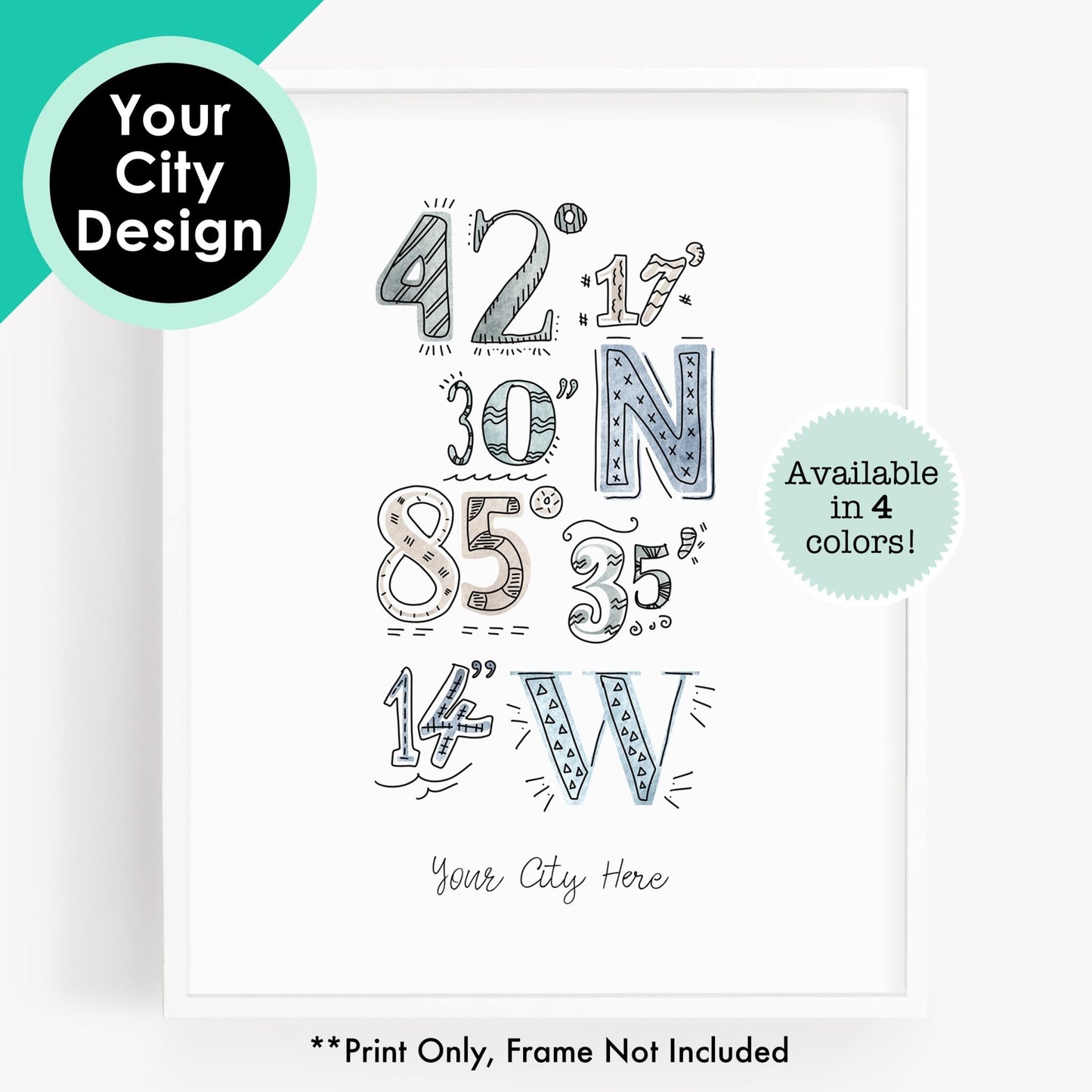 Custom City Art Print - Watercolor Coordinates Drawing For Your Hometown