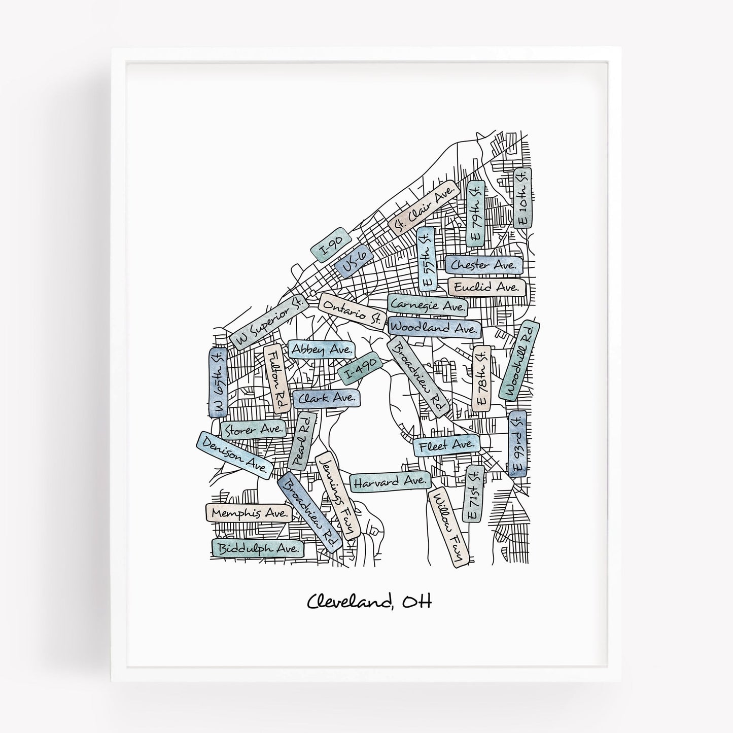 A hand-drawn street map art print of Cleveland Ohio - Sparks House Co