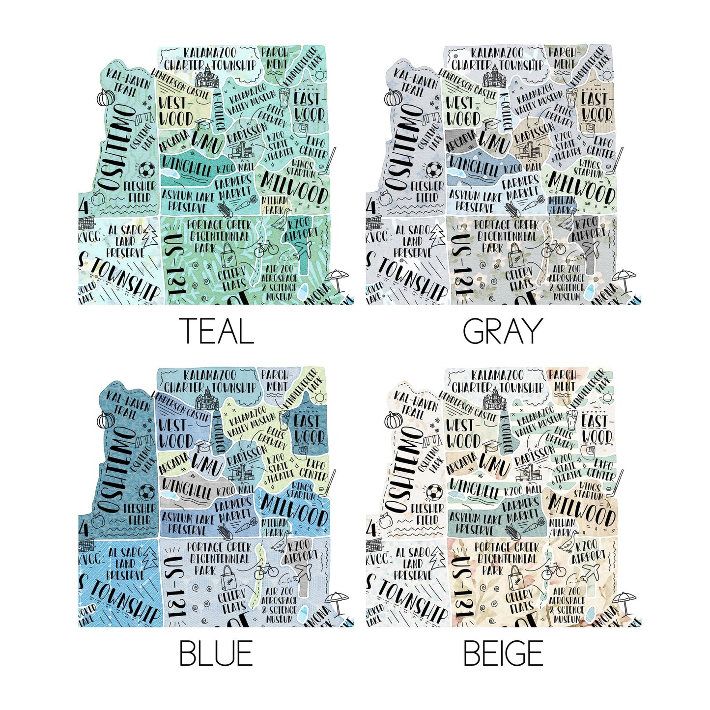 Examples of all four colors available for hand drawn maps: teal, gray, blue, and beige