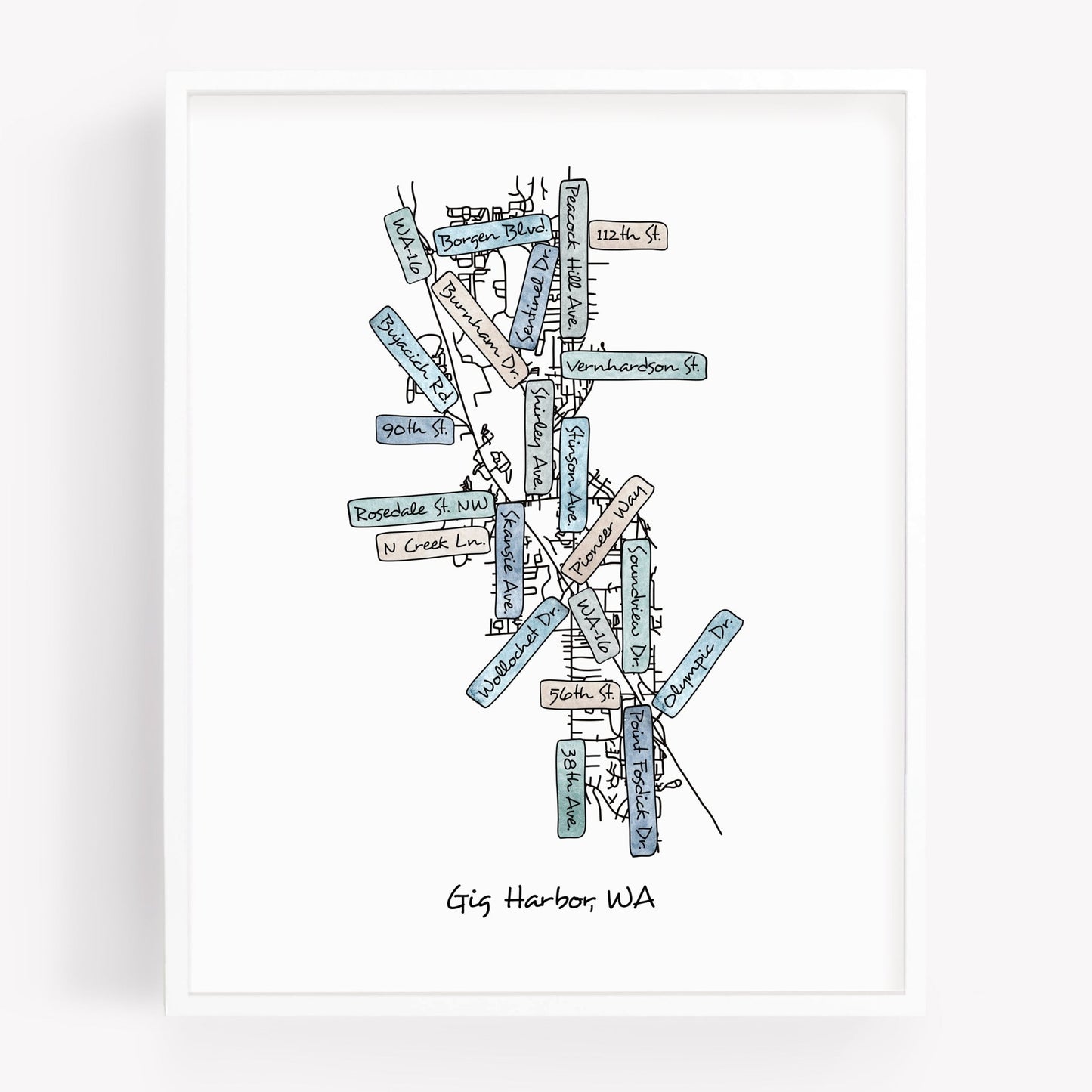 A hand-drawn street map art print of Gig Harbor Washington - Sparks House Co