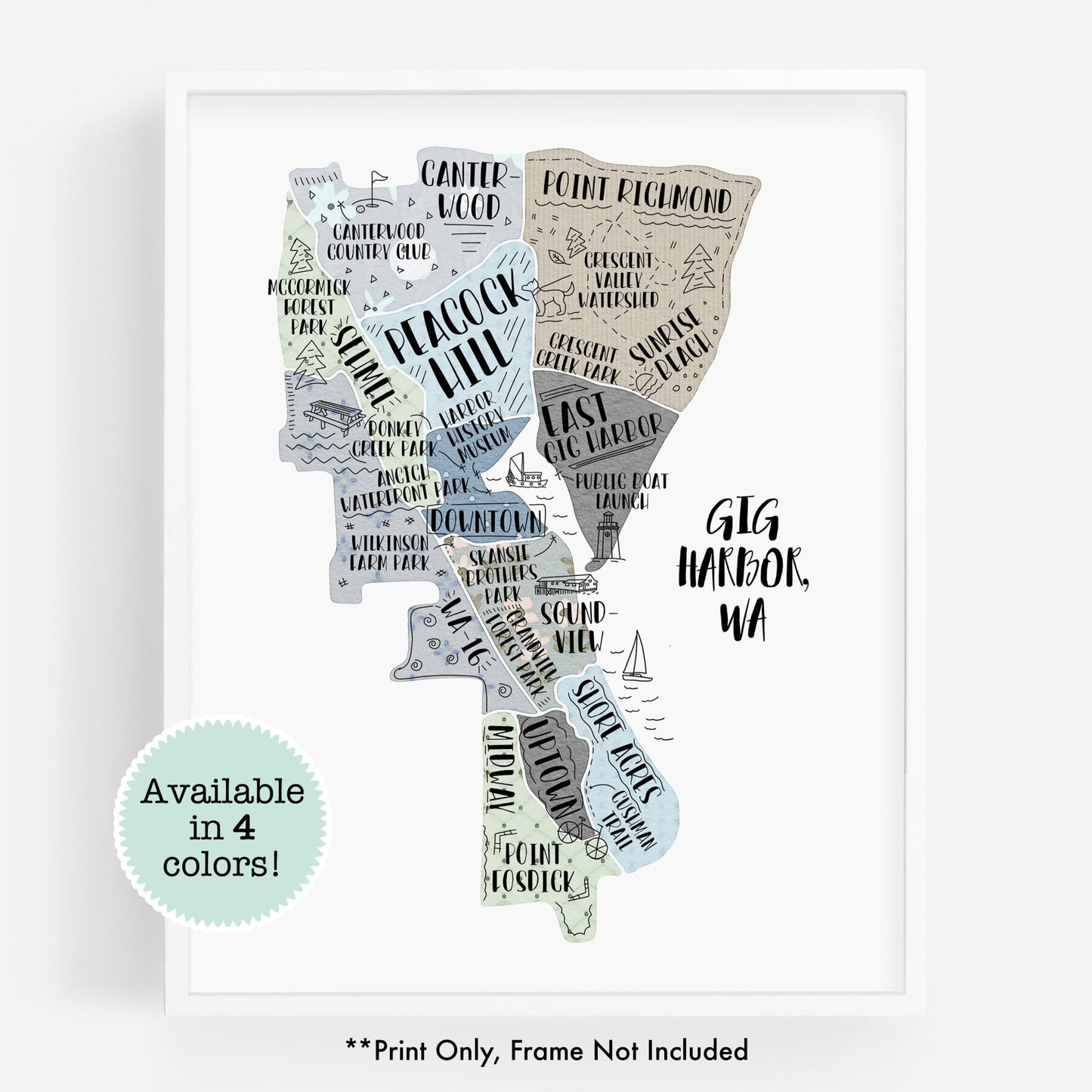 An illustrated map of Gig Harbor WA, as a print - Sparks House Co