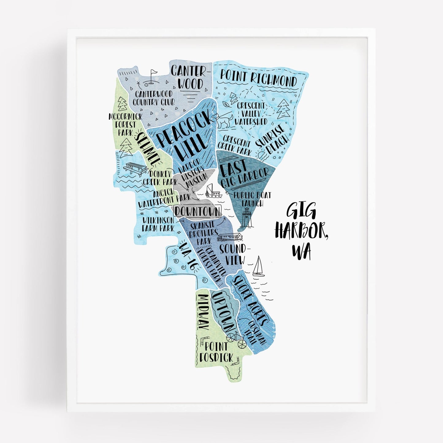 An illustrated map of Gig Harbor WA, as a print - Sparks House Co