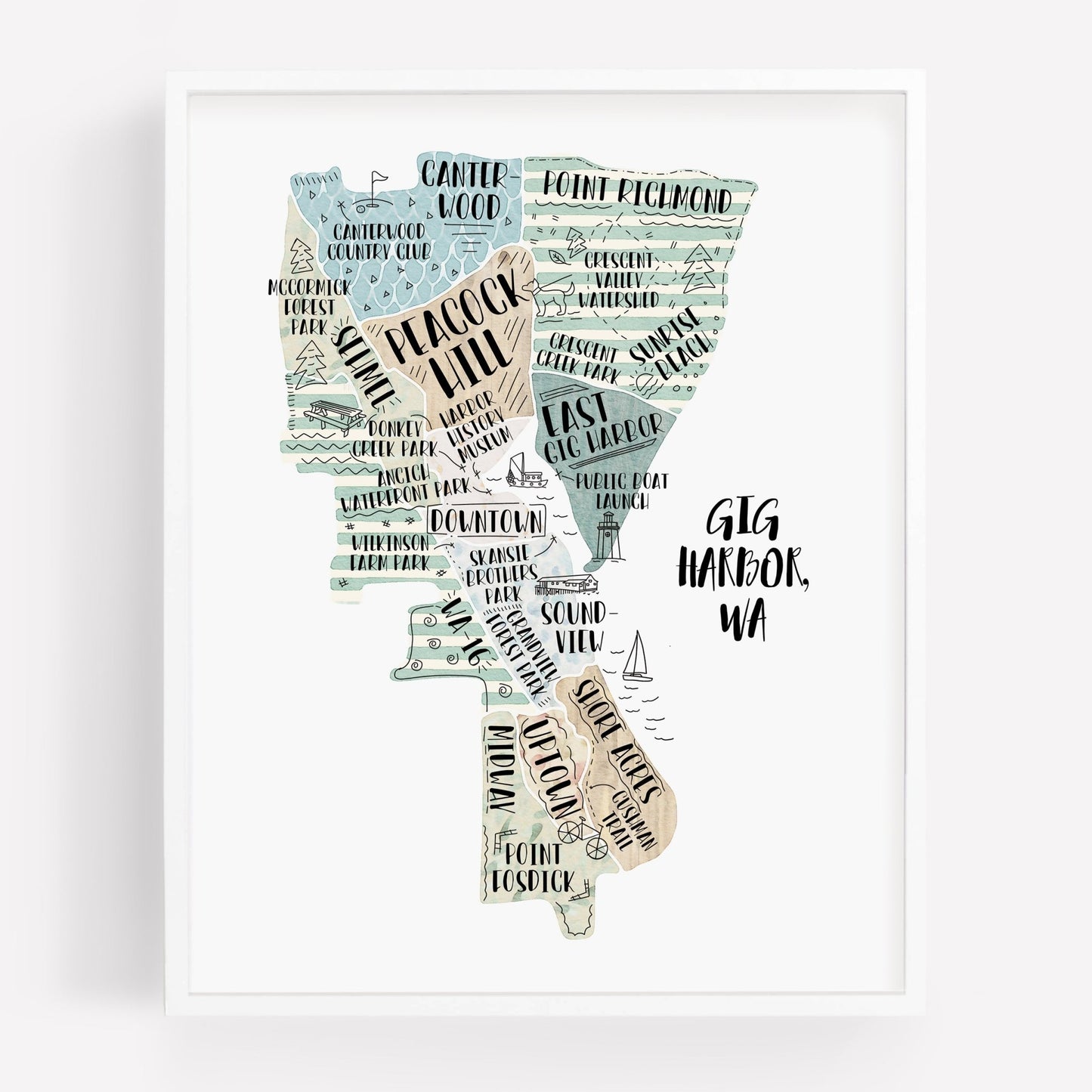 An illustrated map of Gig Harbor WA, as a print - Sparks House Co