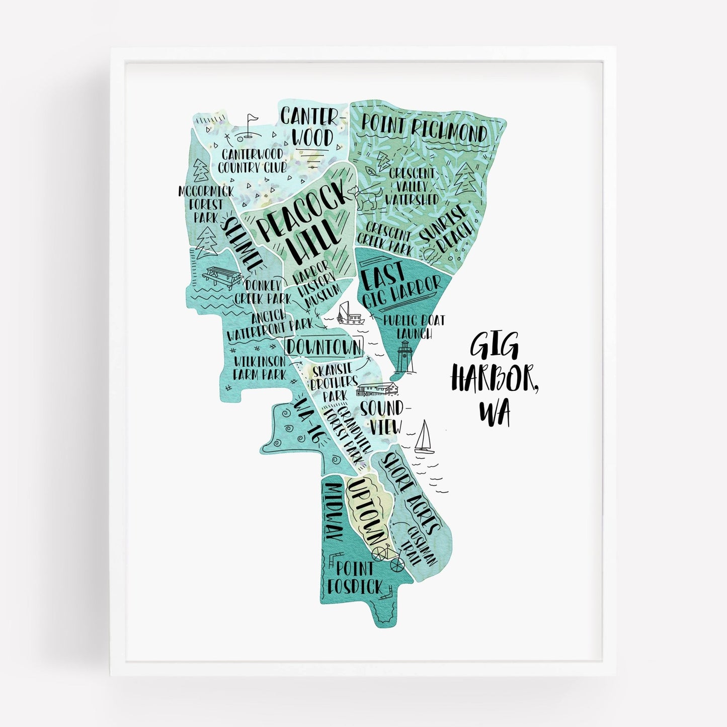 An illustrated map of Gig Harbor WA, as a print - Sparks House Co