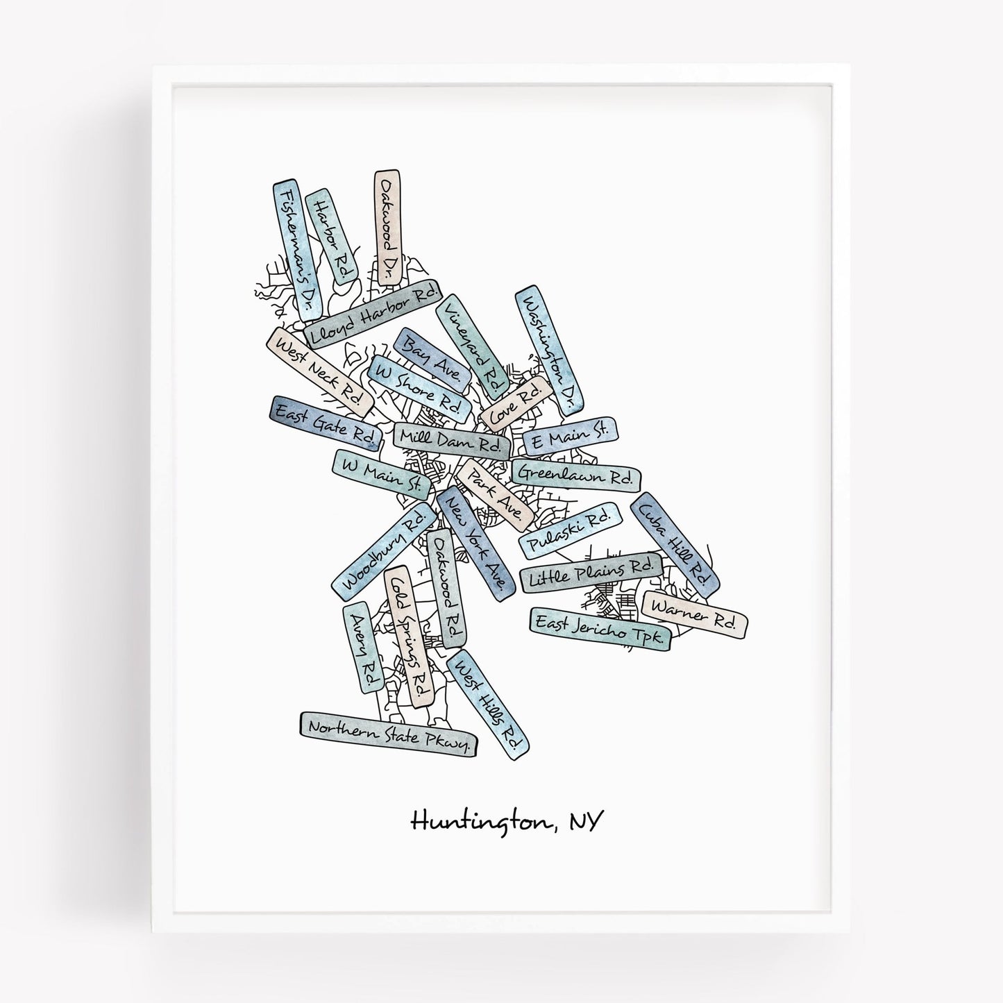 A hand-drawn street map art print of Huntington New York - Sparks House Co