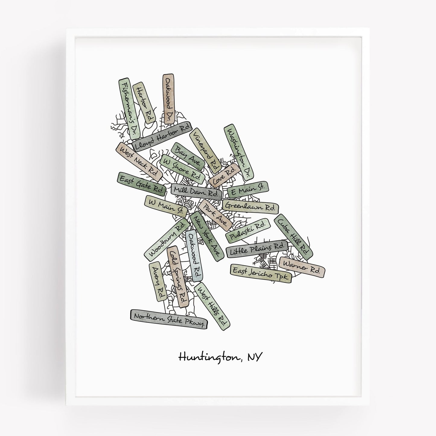 A hand-drawn street map art print of Huntington New York - Sparks House Co