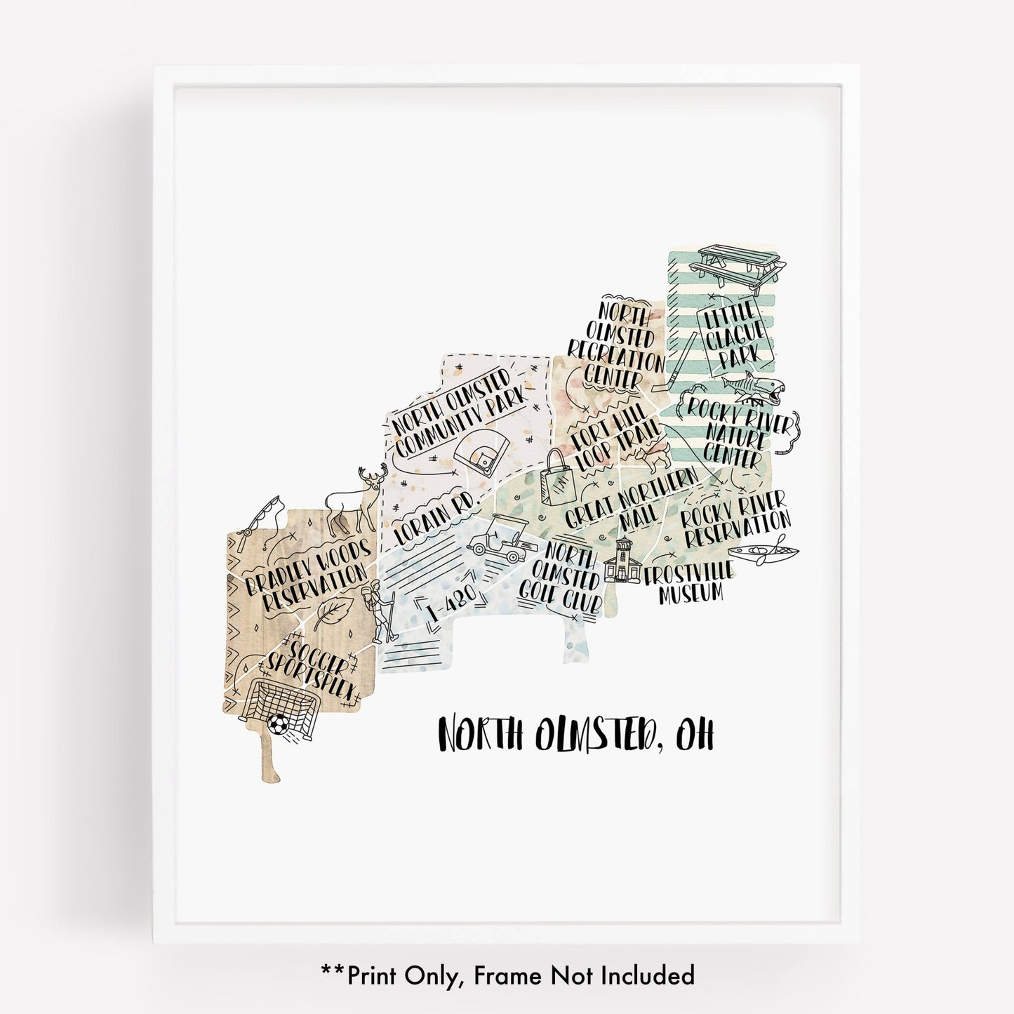 An illustrated map of North Olmsted OH, as a print - Sparks House Co