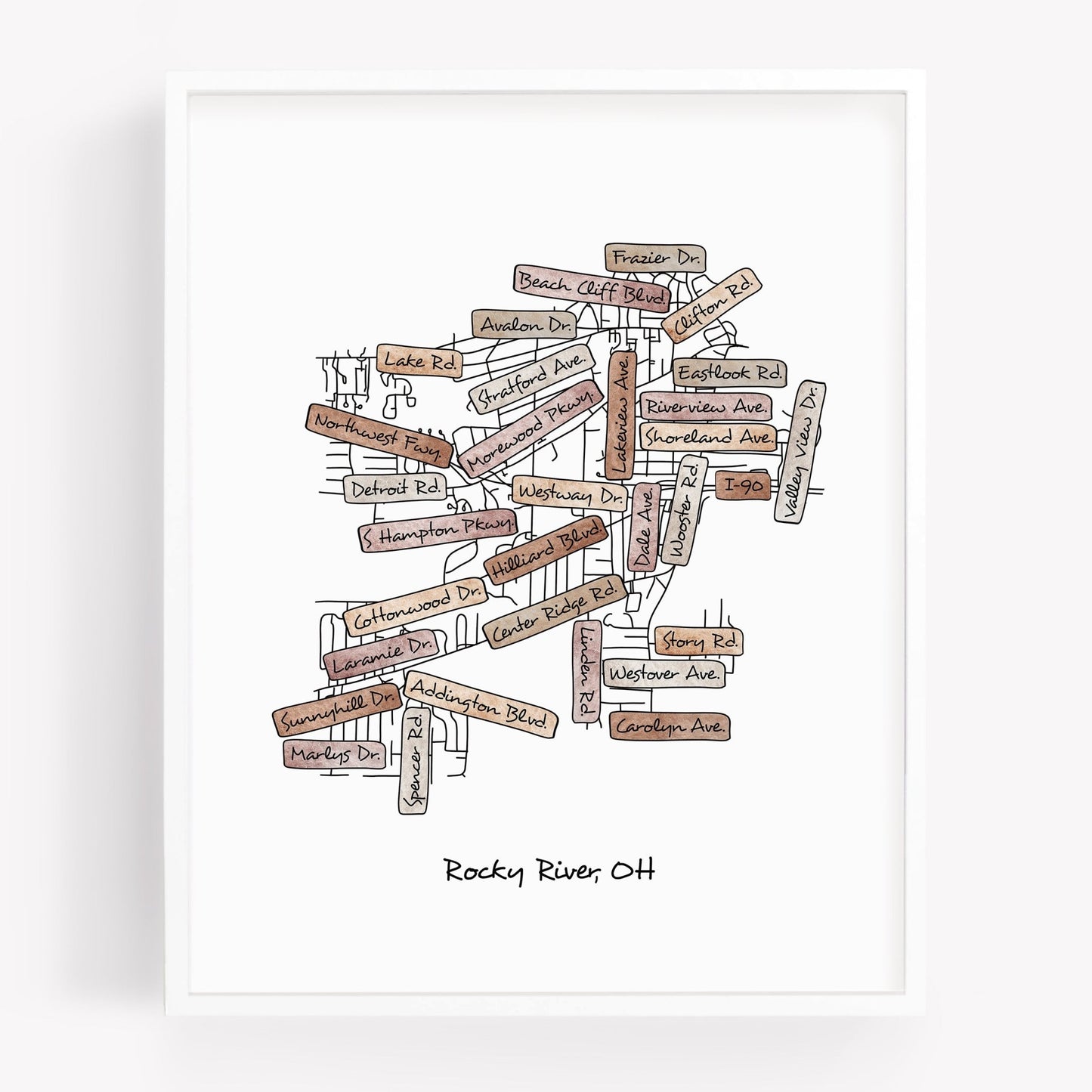 A hand-drawn street map art print of Rocky River Ohio - Sparks House Co