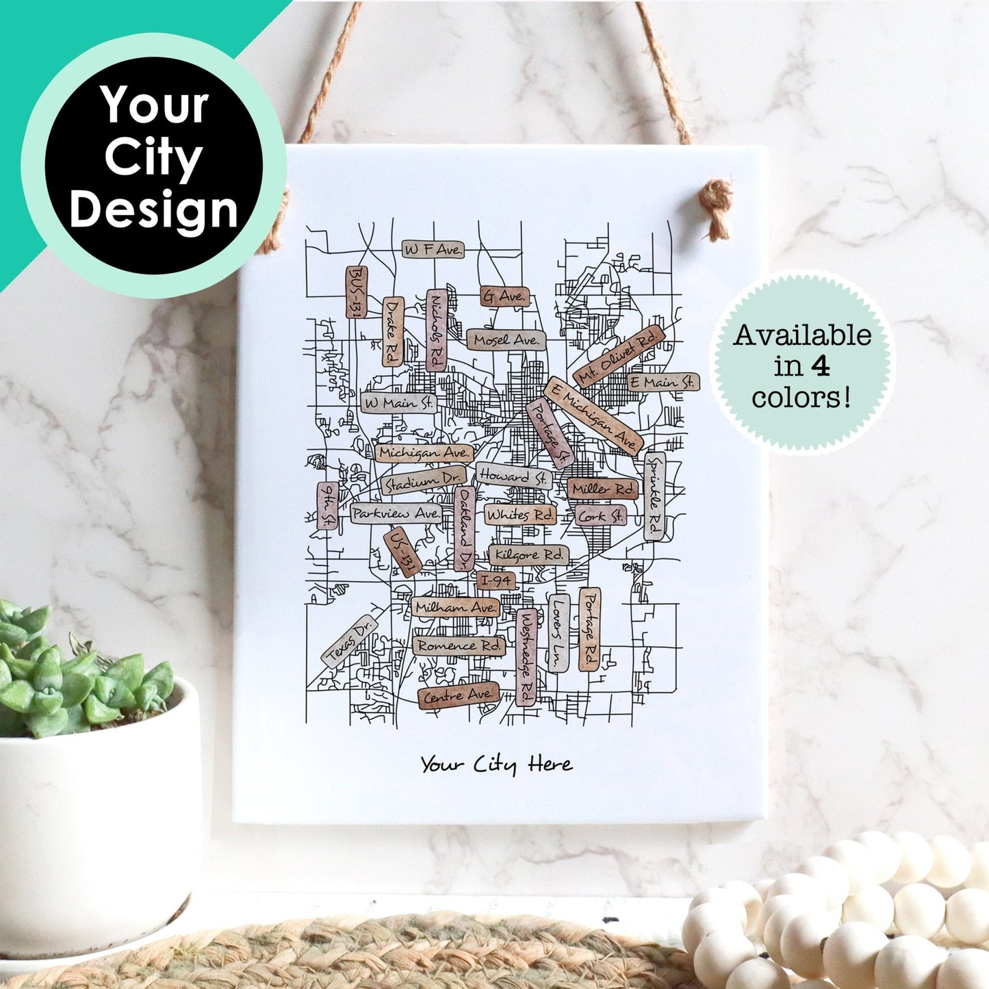 Custom Street Map Tile Sign - City Map Souvenir of Your Hometown - Rectangle