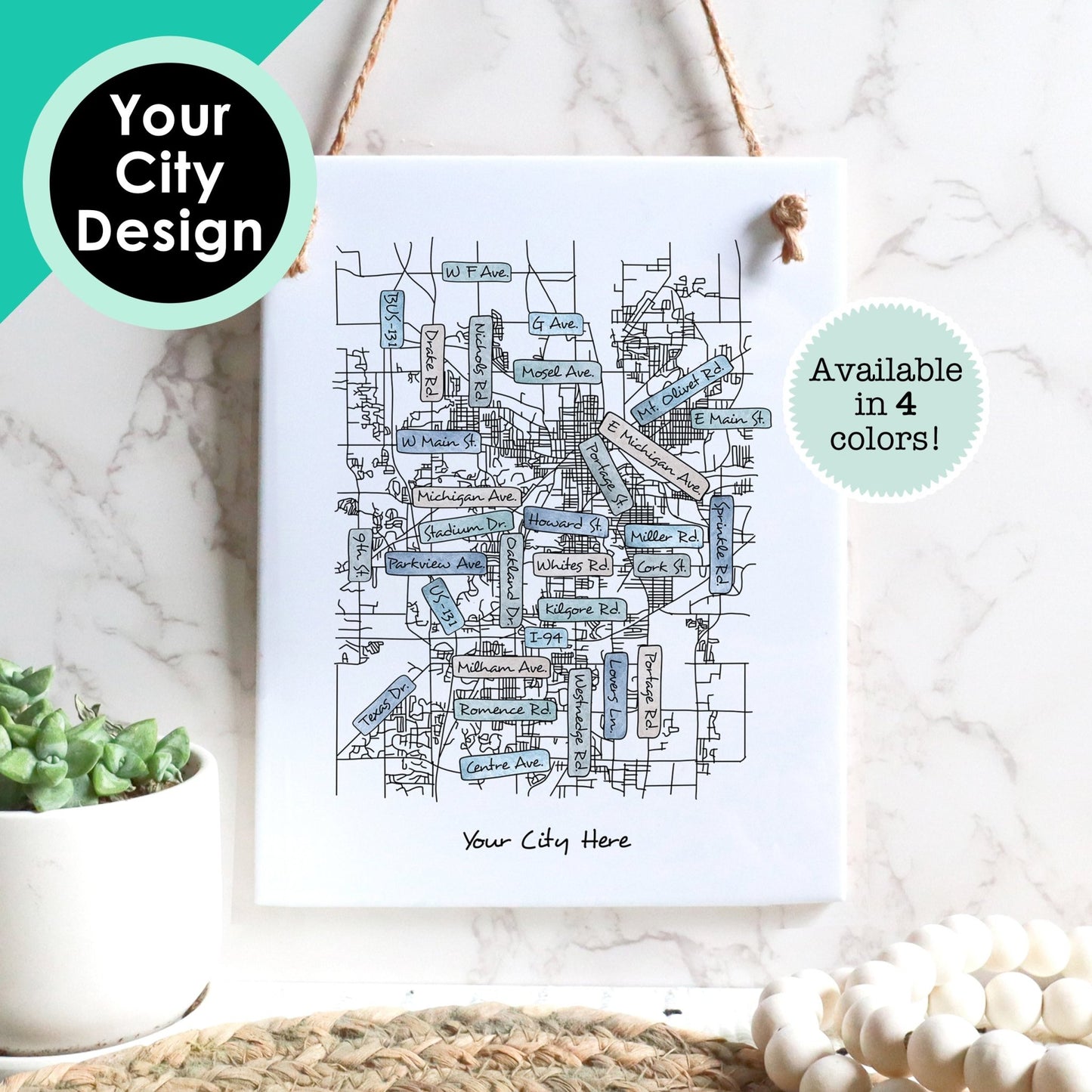 Custom Street Map Tile Sign - City Map Souvenir of Your Hometown - Rectangle