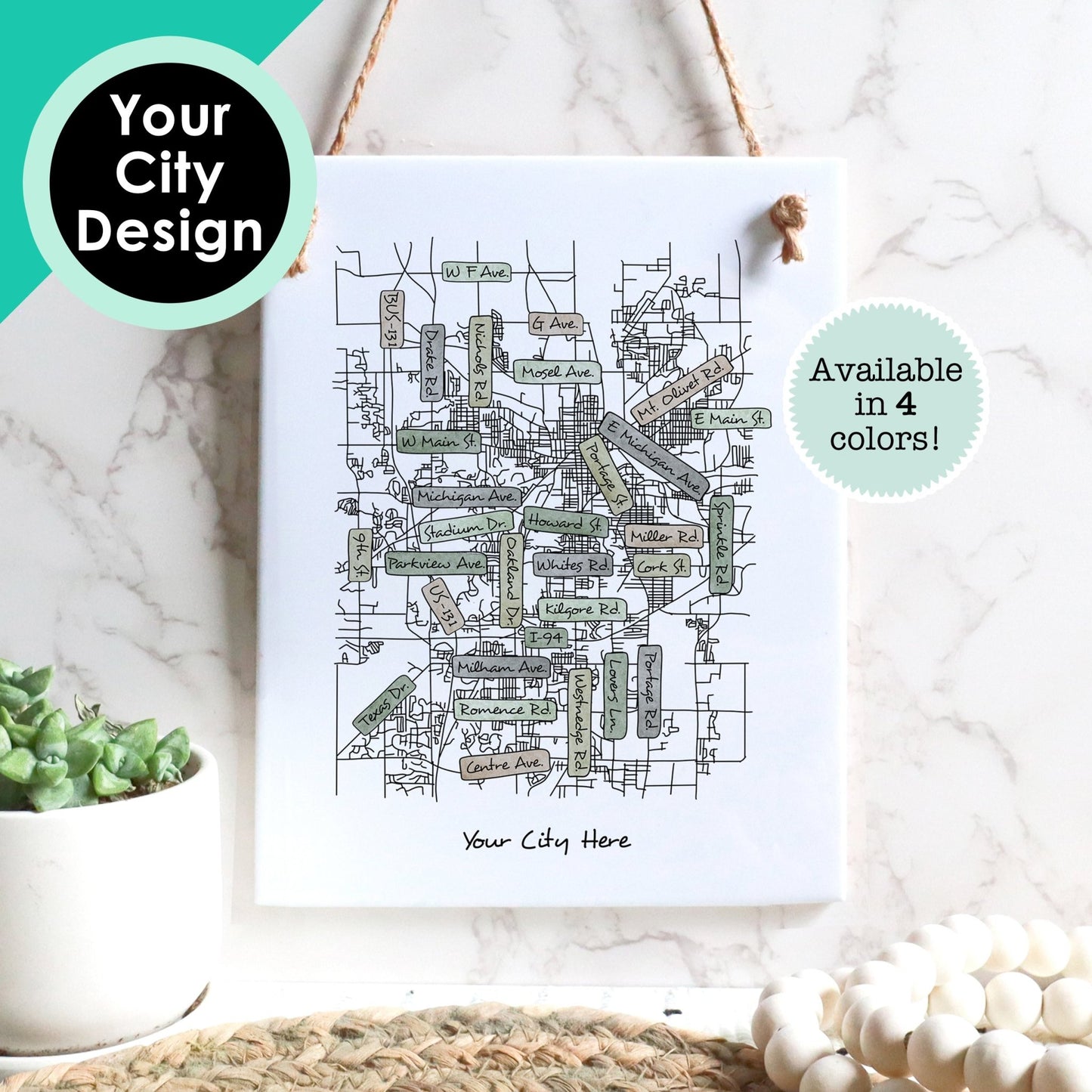 Custom Street Map Tile Sign - City Map Souvenir of Your Hometown - Rectangle