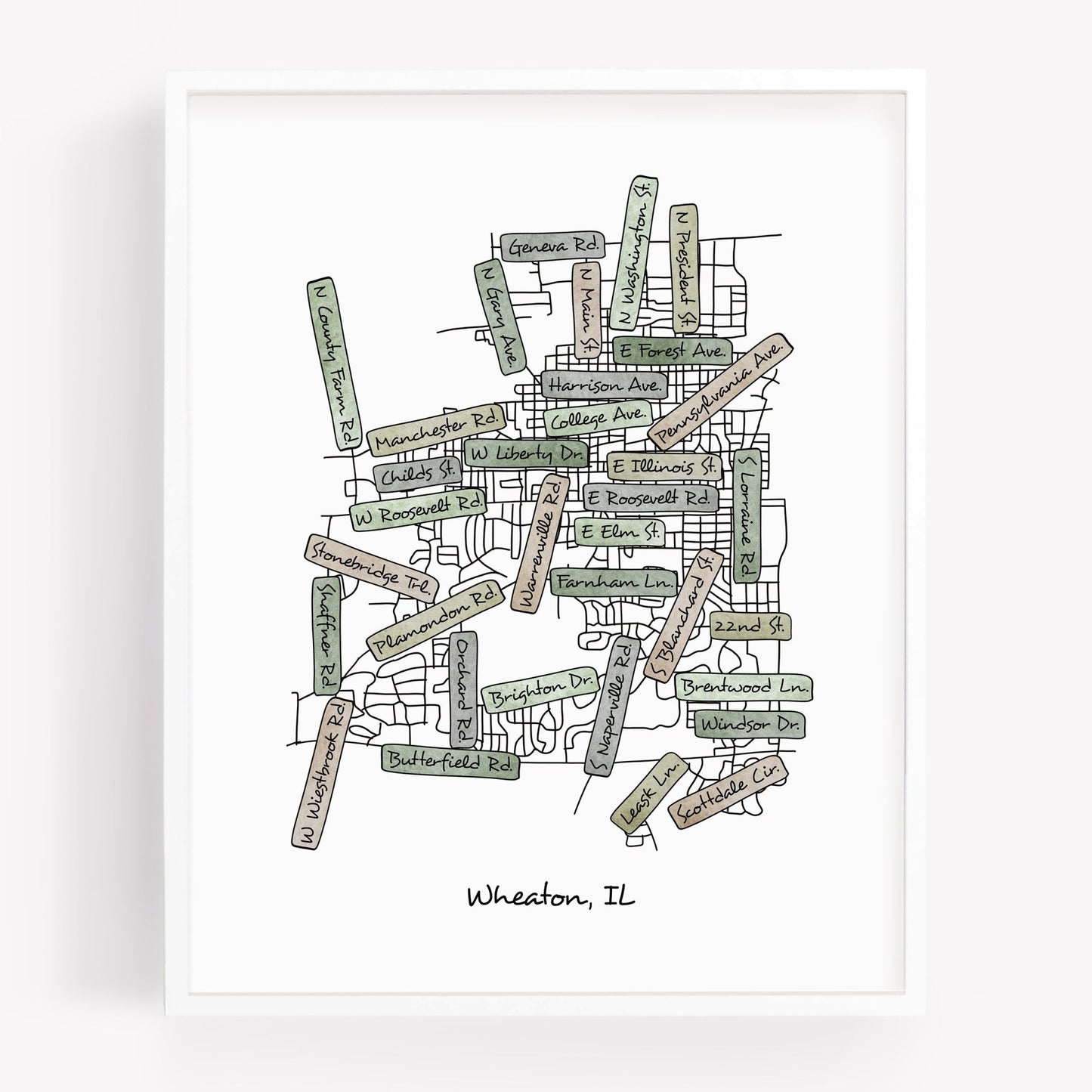 A hand-drawn street map art print of Wheaton Illinois - Sparks House Co