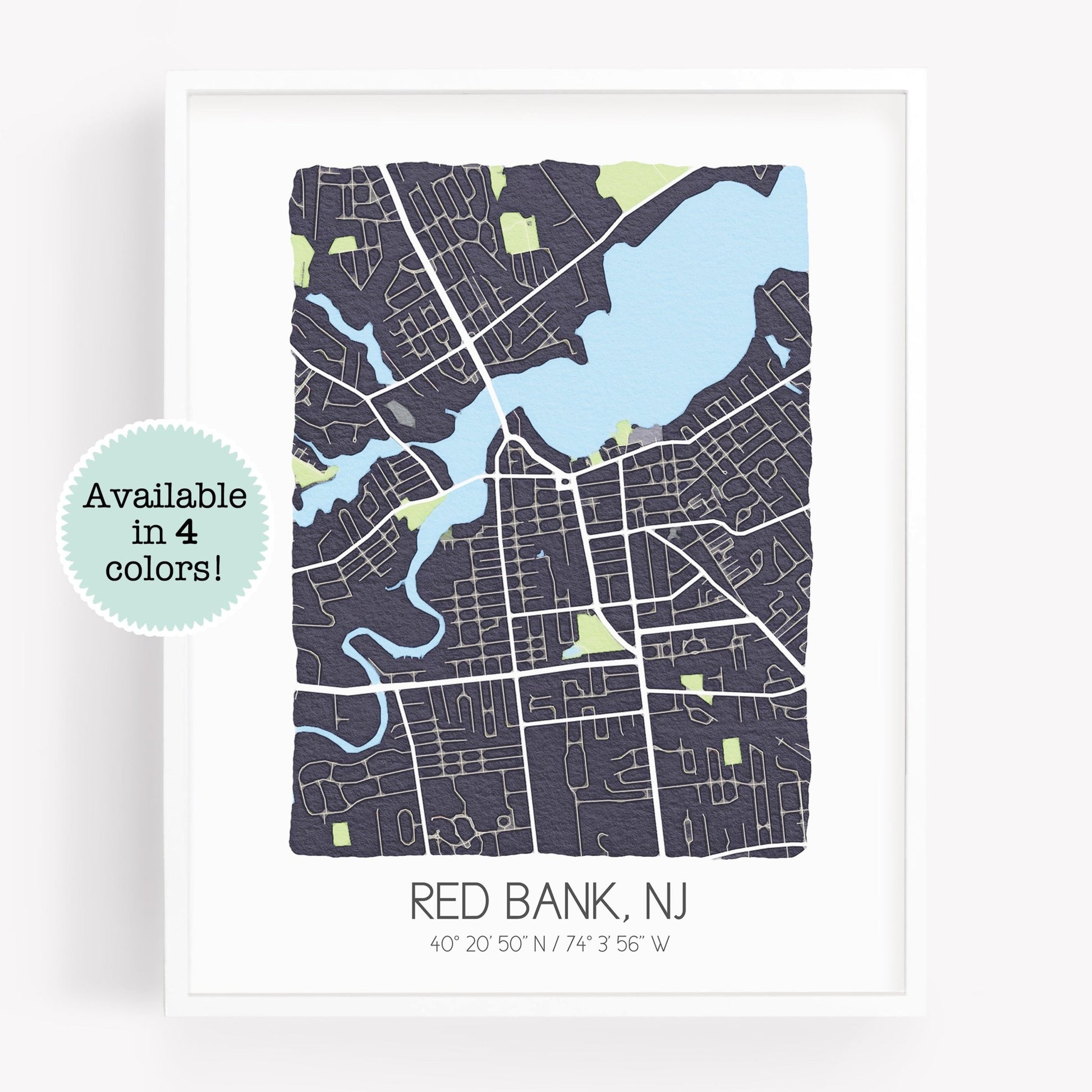 A city map print of Red Bank NJ, in the color gray