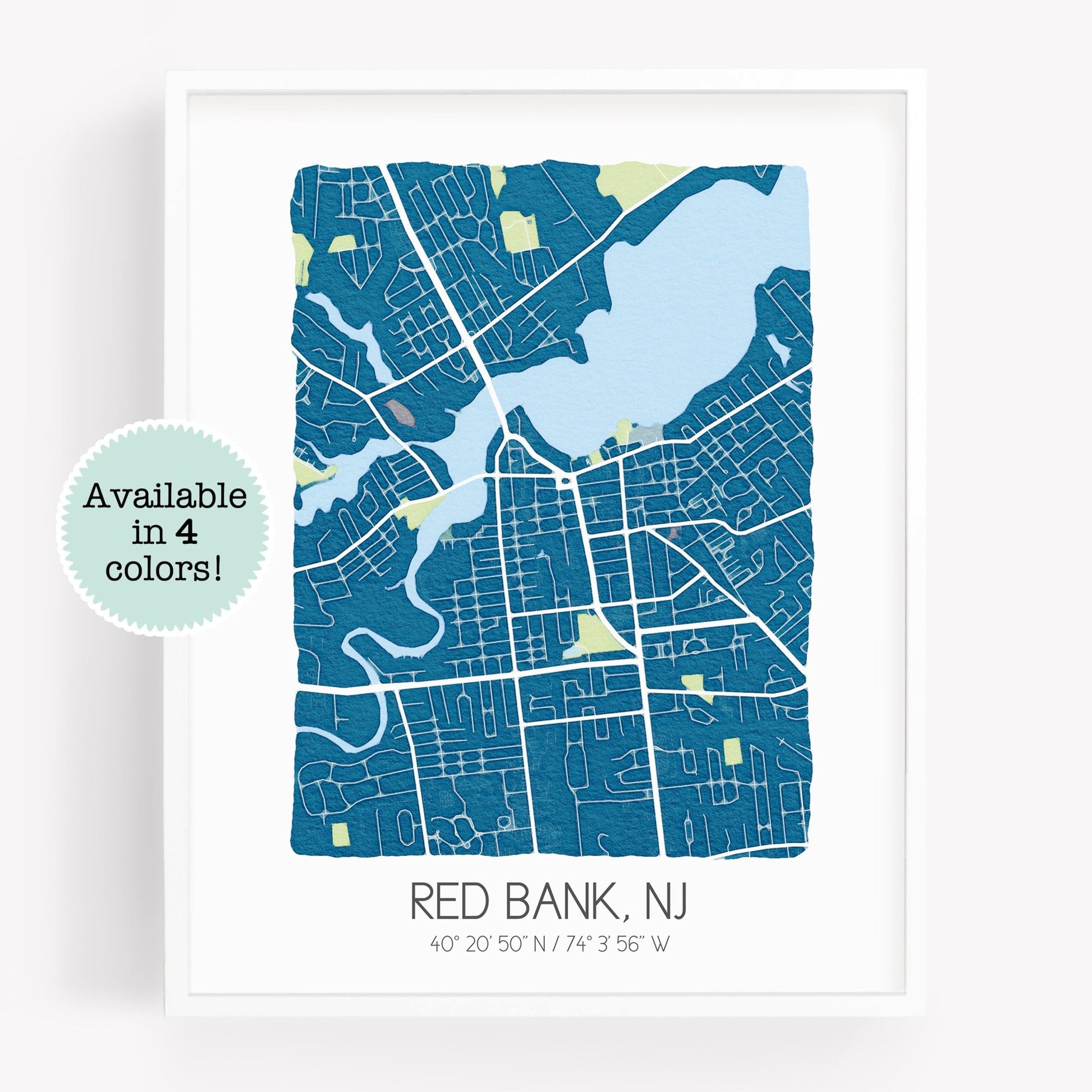 A city map print of Red Bank NJ, in the color blue