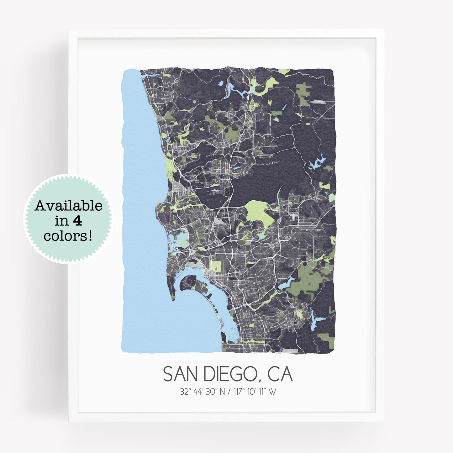 A city map print of San Diego CA, in the color gray