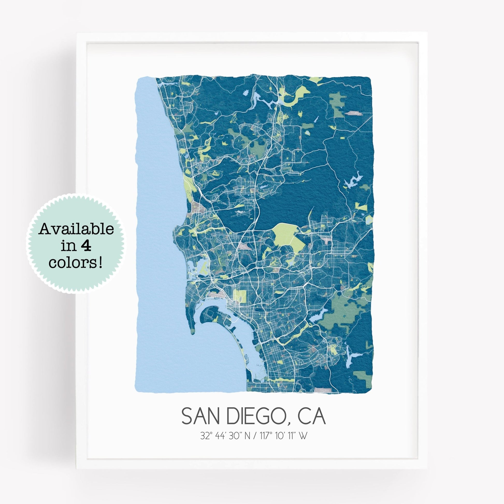 A city map print of San Diego CA, in the color blue