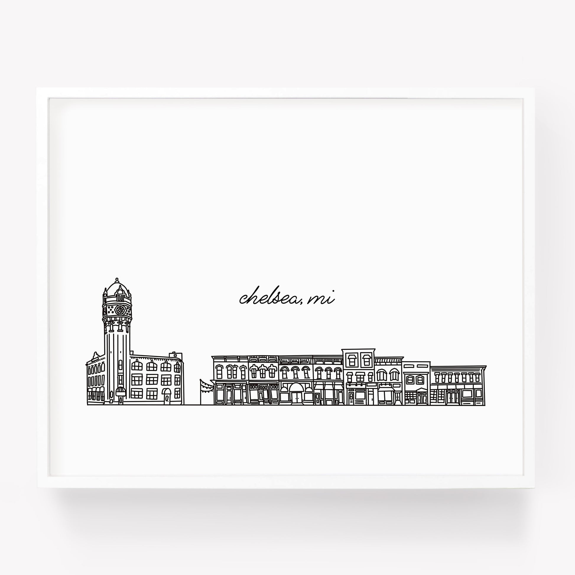 A city art print of a skyline drawing of Chelsea Michigan - Sparks House Co