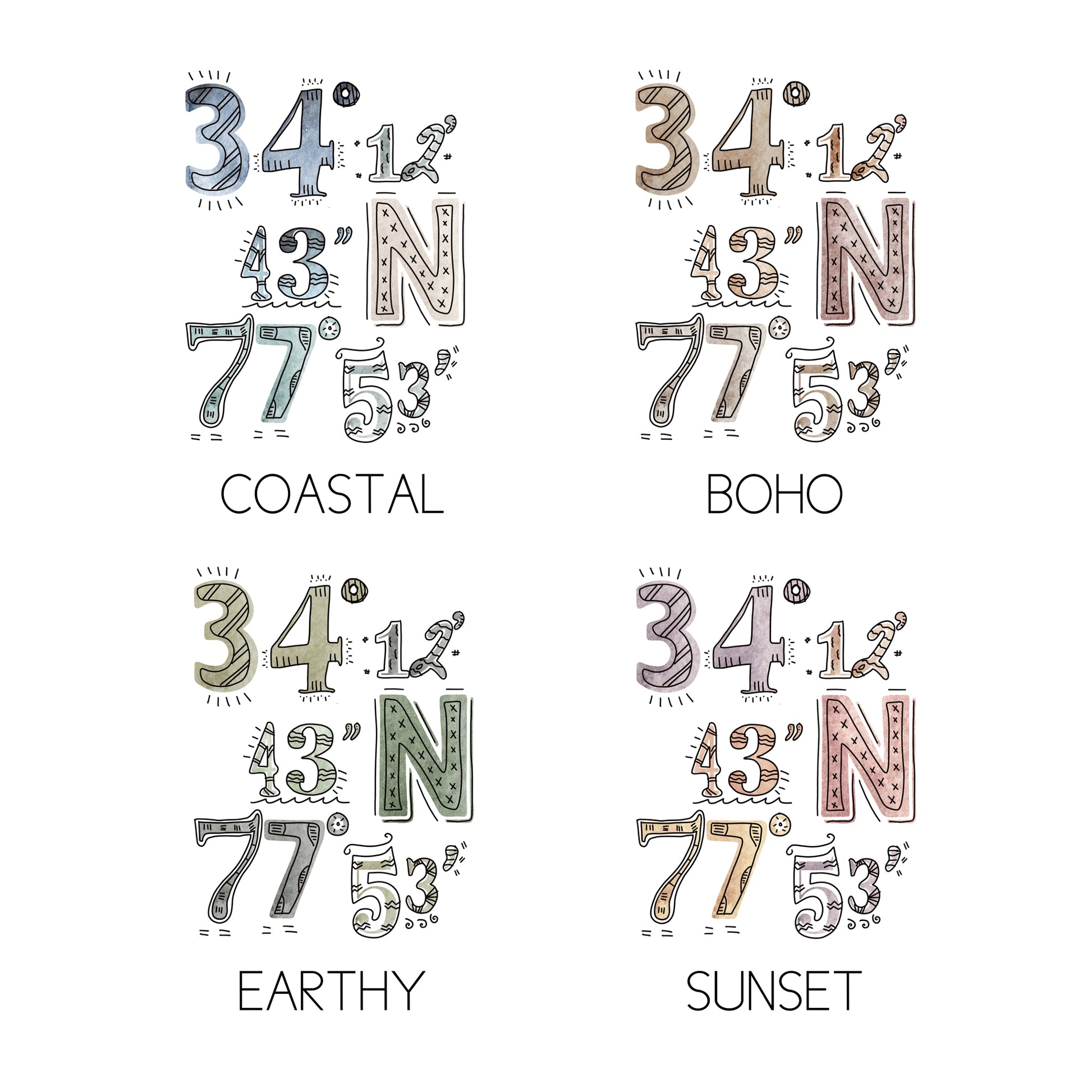 Examples of all four colors available for city art coasters: coastal, sunset, earthy, boho