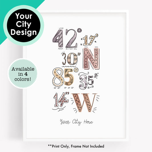 Custom city art print of a coordinates drawing of your hometown