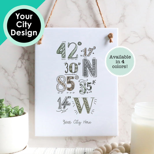 Custom city drawing on a rectangle tile sign of the coordinates of your hometown