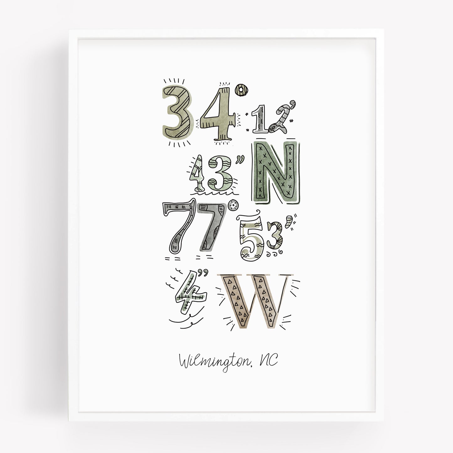 A city art print of a drawing of the coordinates of Wilmington North Carolina, in the color earthy