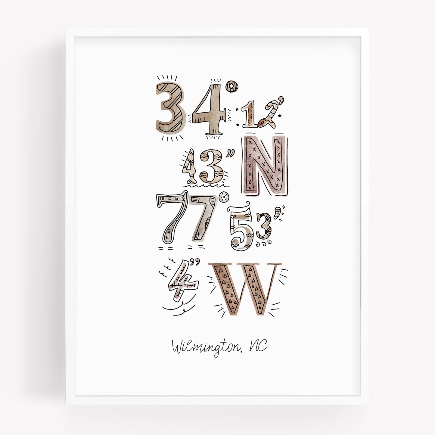 A city art print of a drawing of the coordinates of Wilmington North Carolina, in the color boho