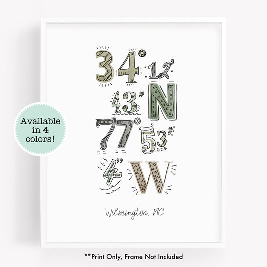 A city art print of a drawing of the coordinates of Wilmington North Carolina - Sparks House Co