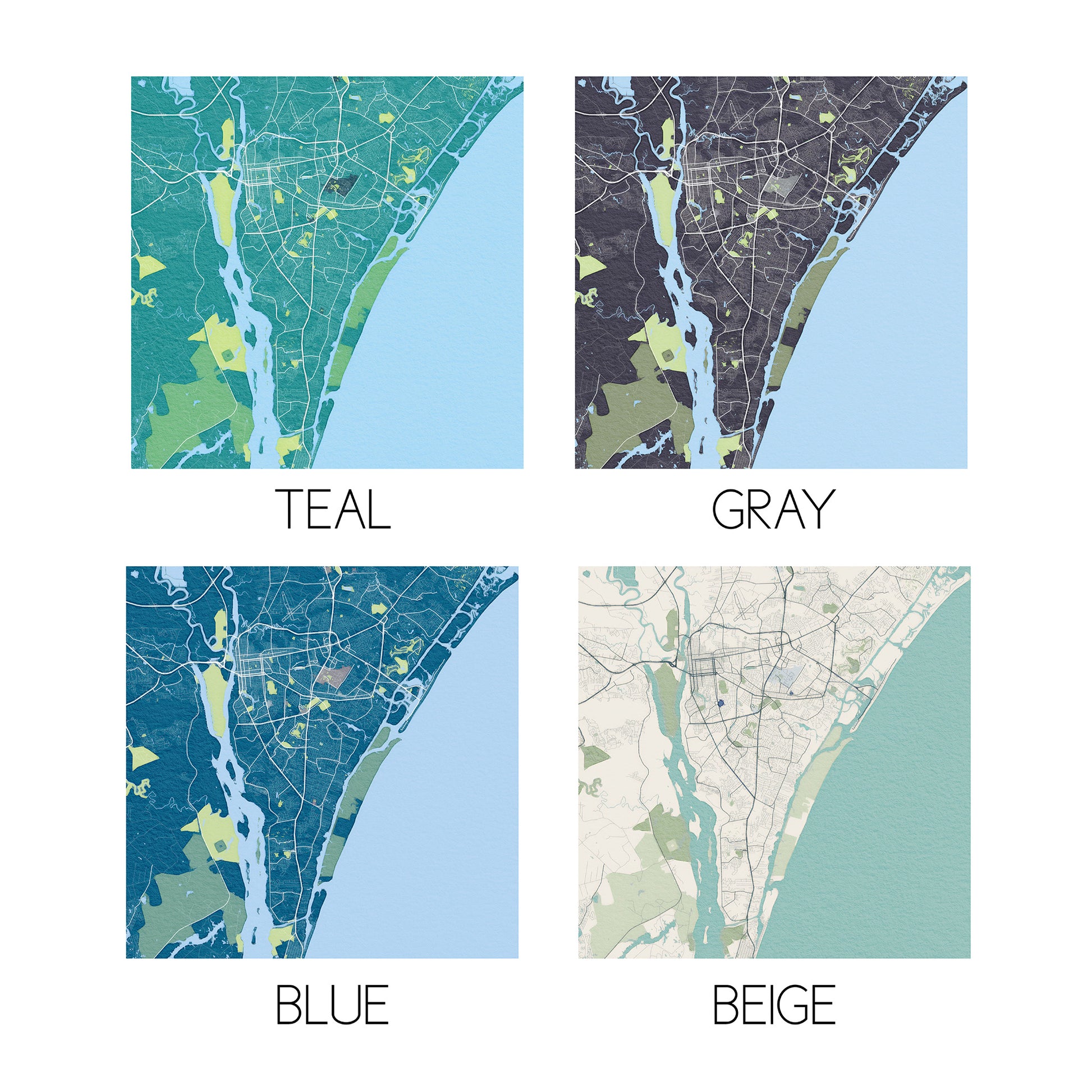 Examples of all four colors available for city maps: teal, gray, blue, and beige