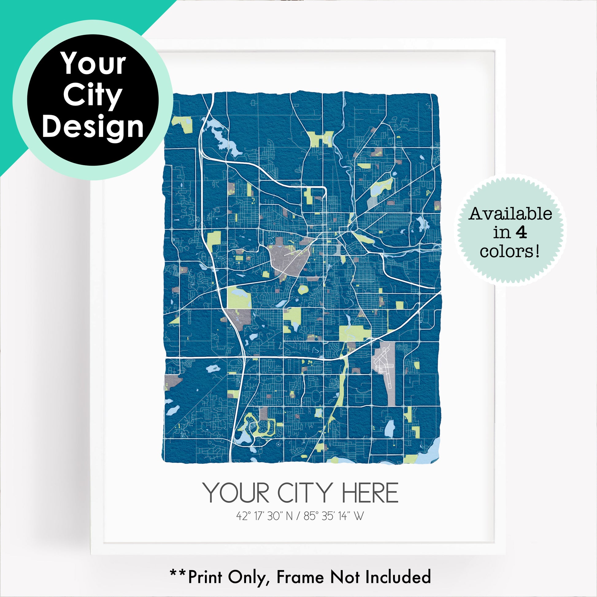 A custom city map print of your hometown, in the color blue
