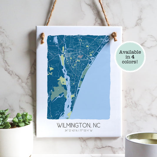 A Wilmington North Carolina city map on a ceramic rectangle tile sign hanging on a wall - Sparks House Co