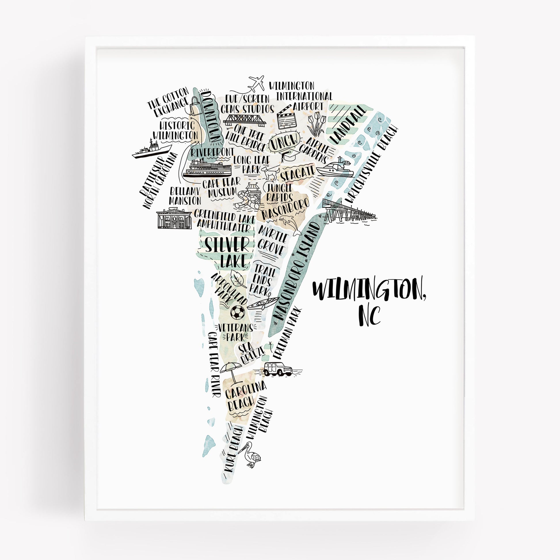 An illustrated map of Wilmington North Carolina, as a print, in the color beige
