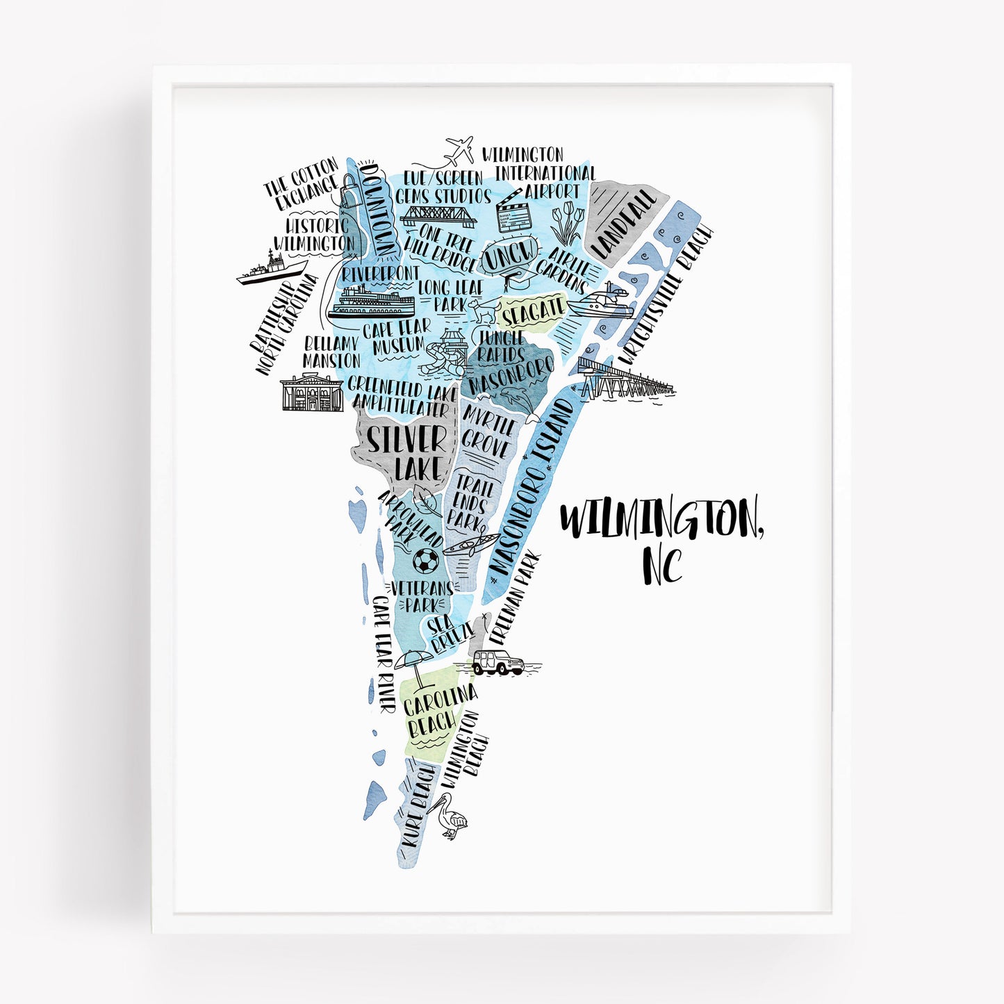 An illustrated map of Wilmington North Carolina, as a print, in the color blue