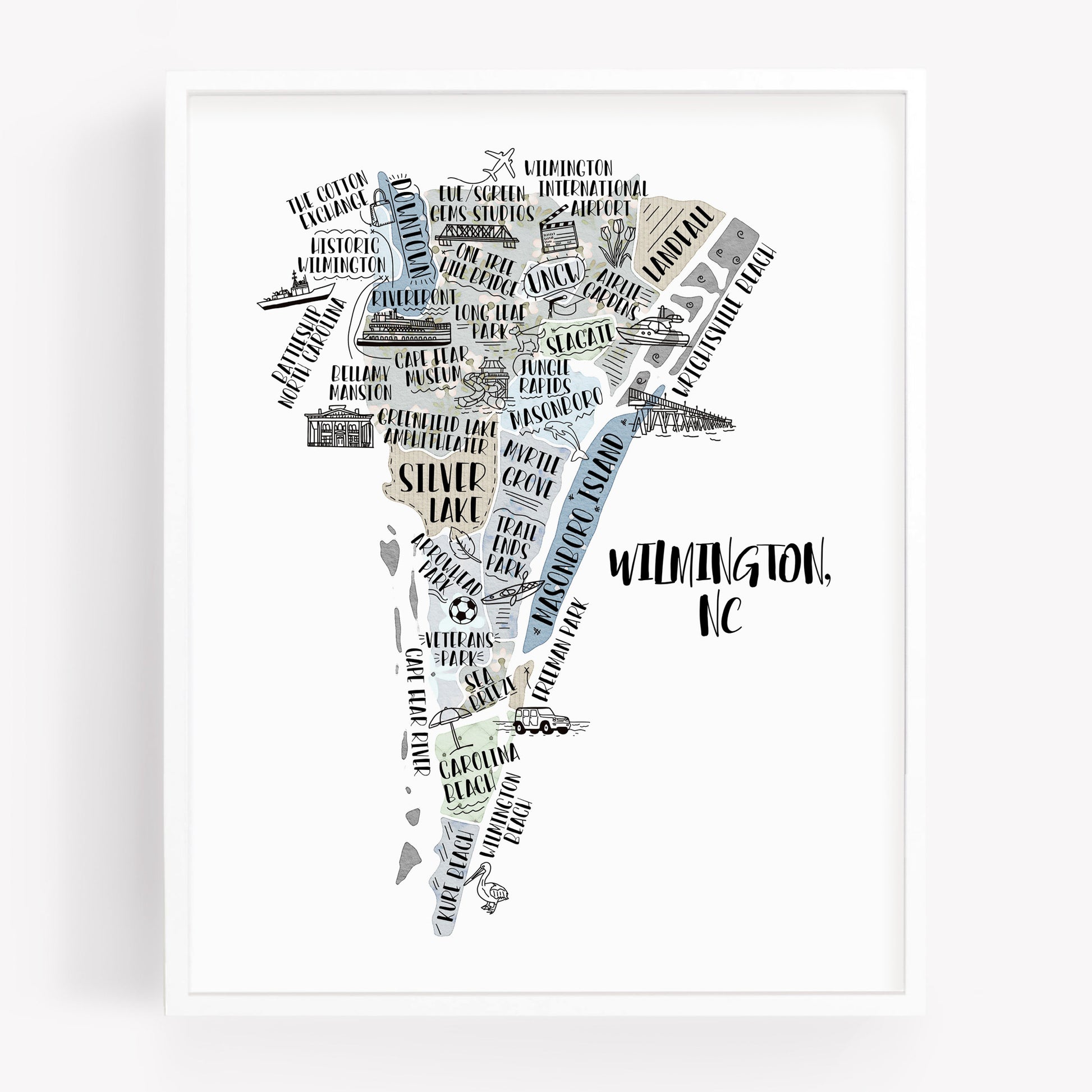 An illustrated map of Wilmington North Carolina, as a print, in the color gray