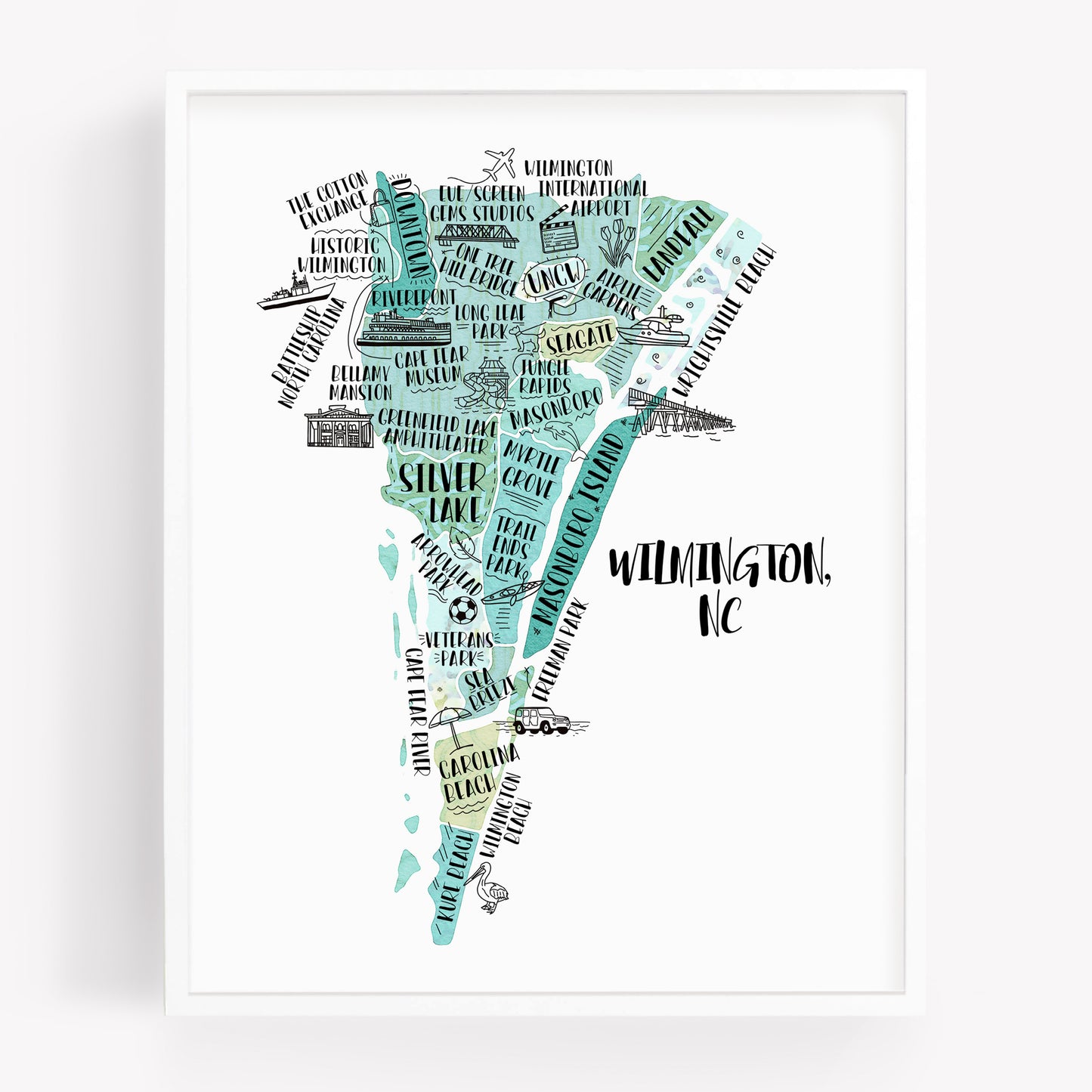 An illustrated map of Wilmington North Carolina, as a print, in the color teal