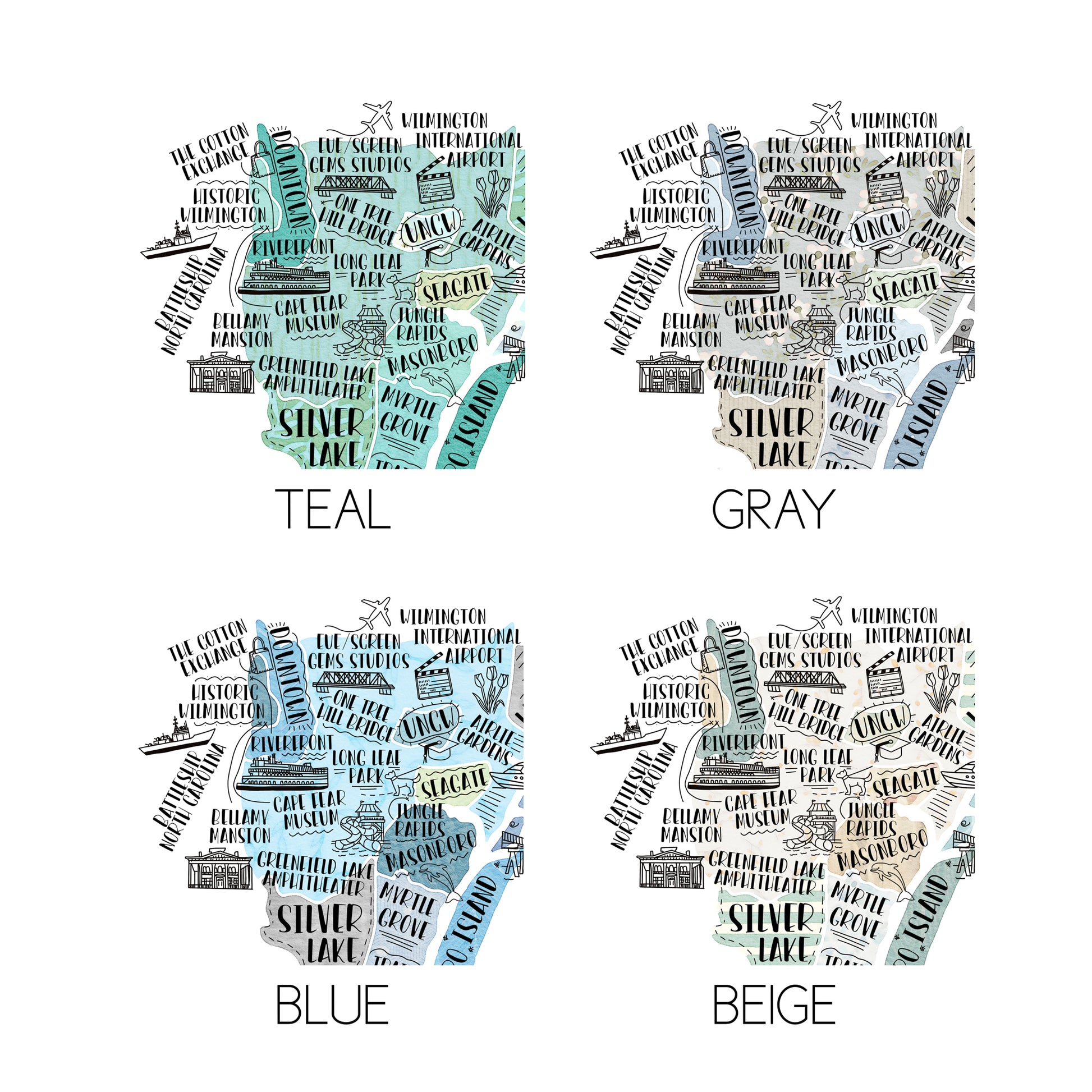 Examples of all four colors available for hand drawn maps: teal, gray, blue, and beige