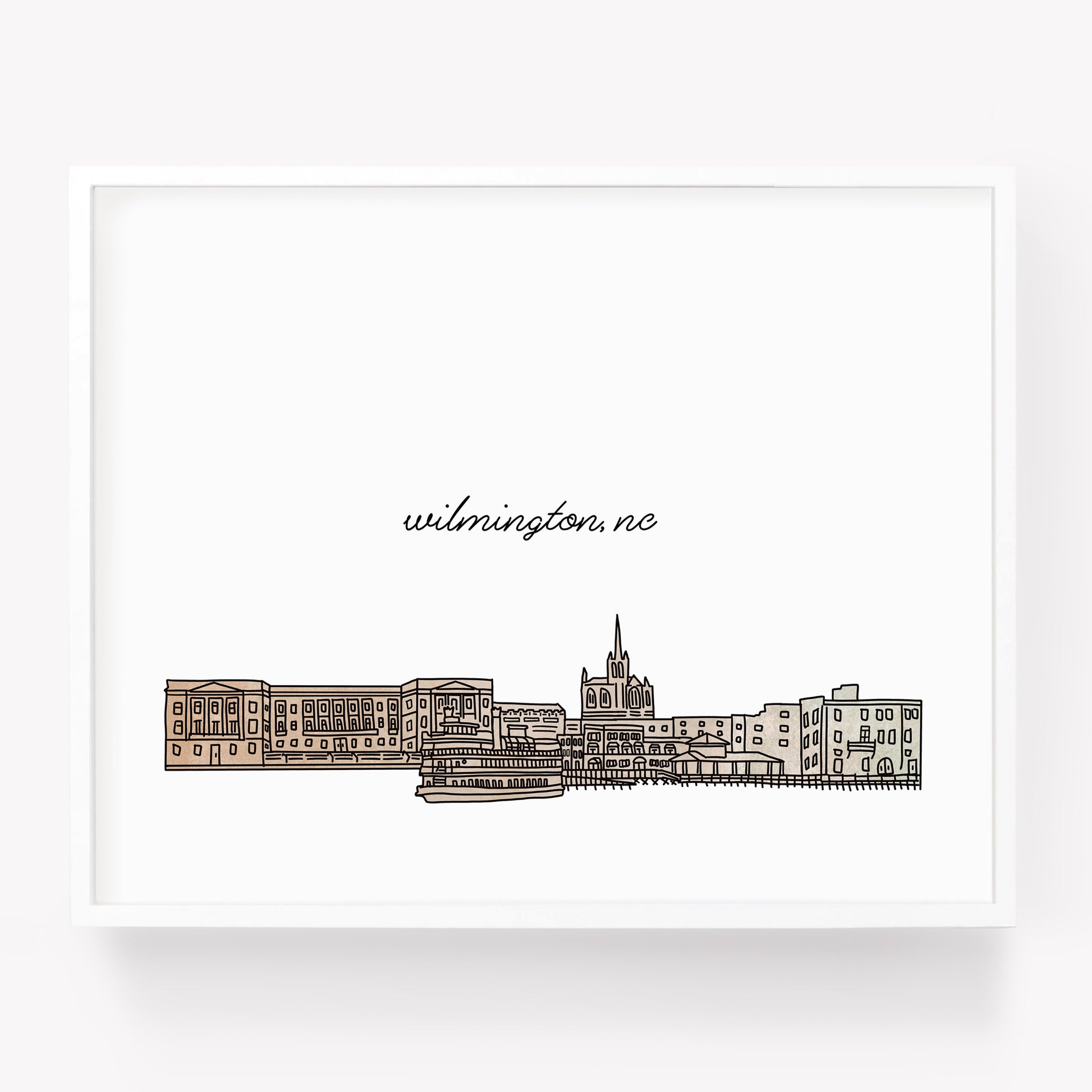A city art print of a skyline drawing of Wilmington North Carolina - in the color beige
