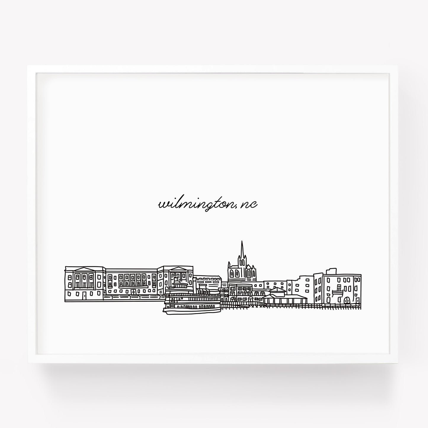 A city art print of a skyline drawing of Wilmington North Carolina - in the color black and white