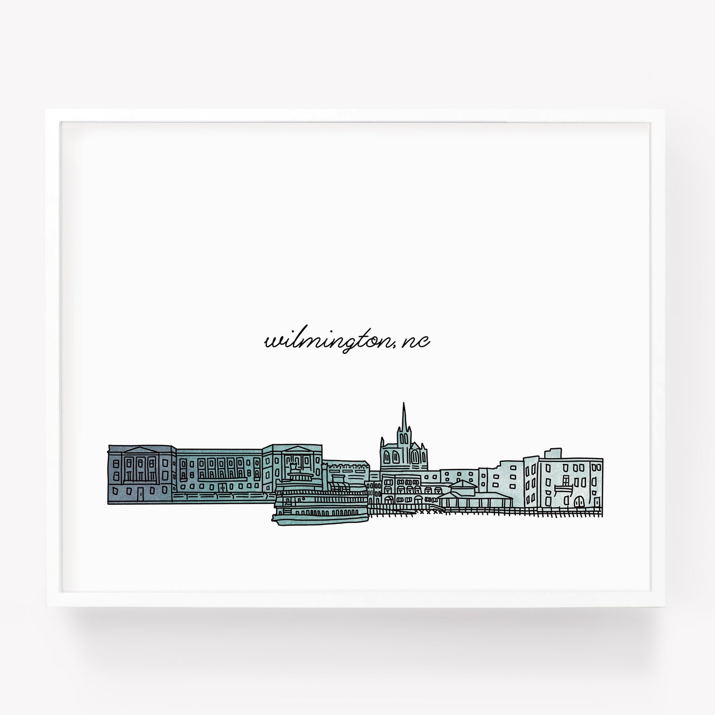 A city art print of a skyline drawing of Wilmington North Carolina - in the color blue